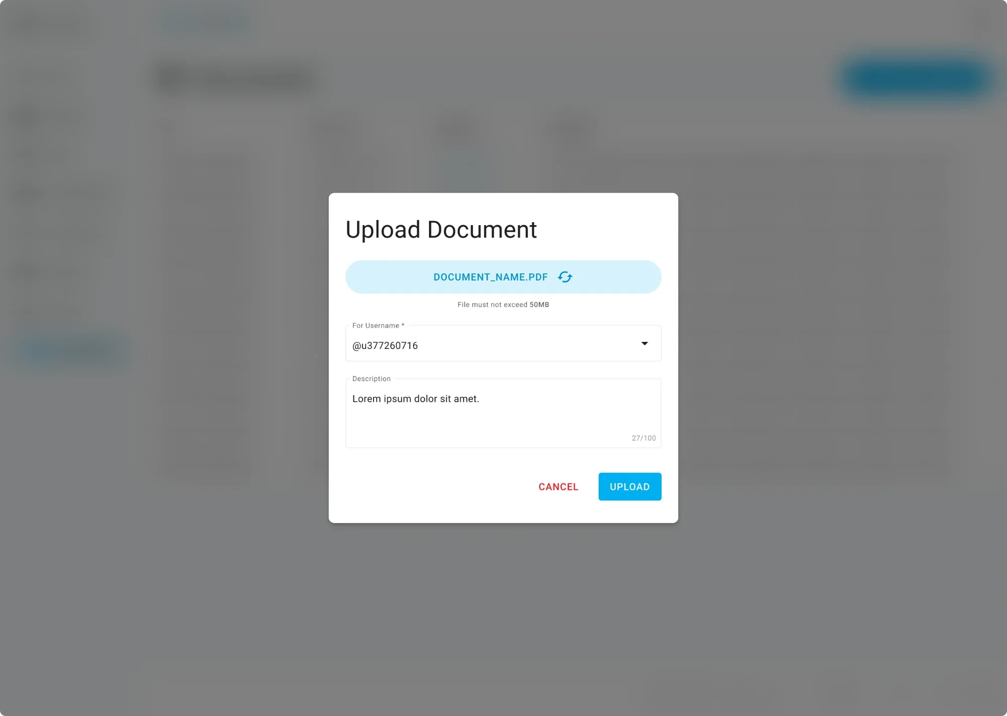 Upload a document Dialog for uploading a document for a user