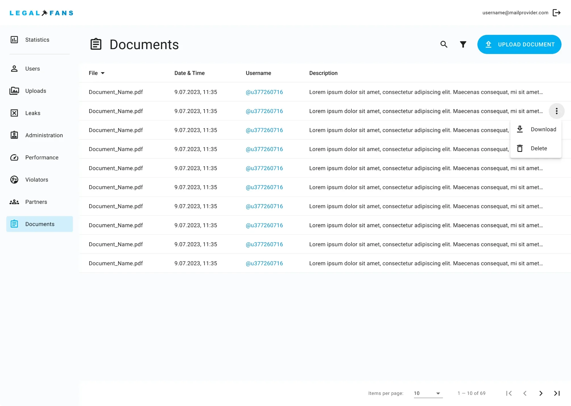 Documents list Admin documents list with download and delete actions