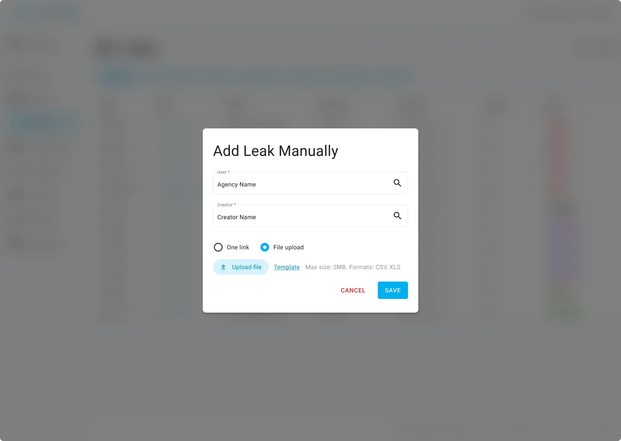 Add a leak Dialog for adding a leak manually, by link or file upload