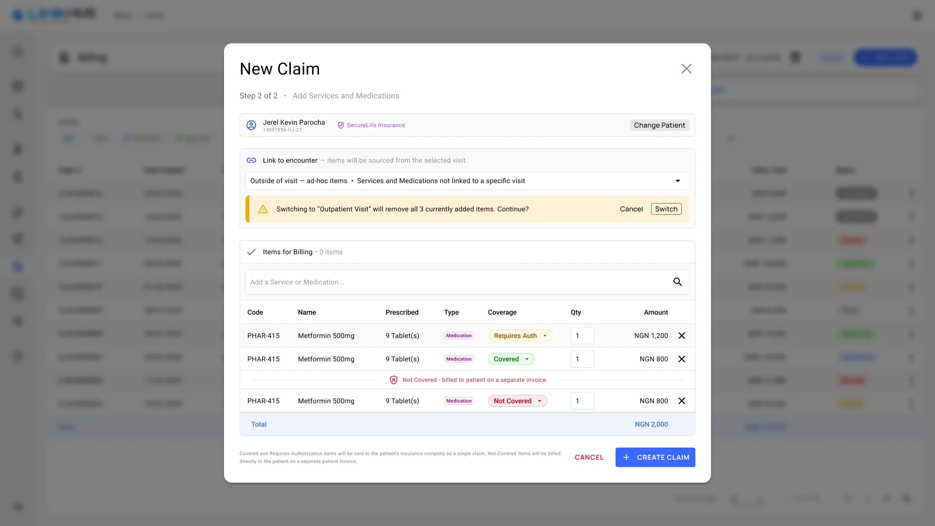 Coverage per item New Claim with items added: each medication shows its coverage, and not covered items are marked to be billed to the patient on a separate invoice
