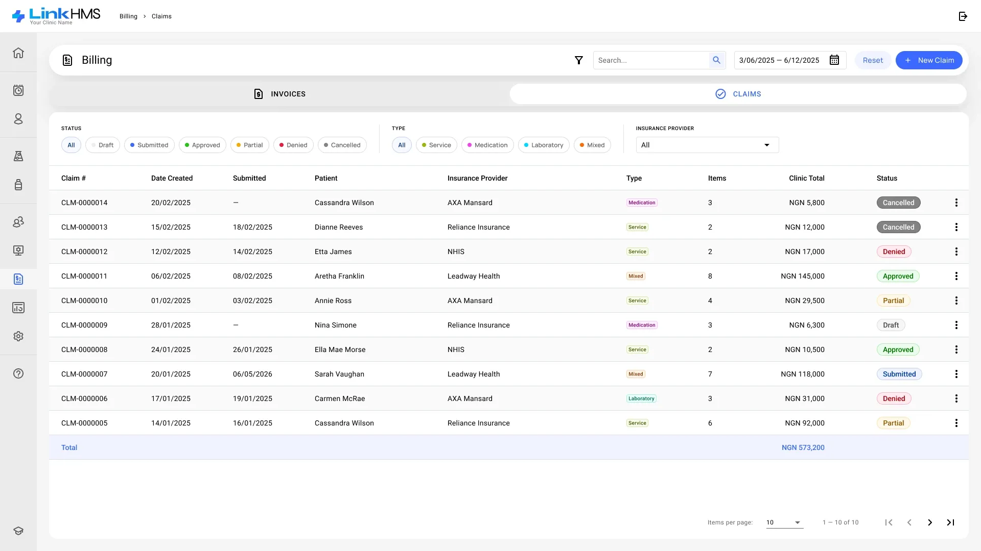 Claims Billing claims list with filters by status, type and insurance provider, totals and colour-coded statuses