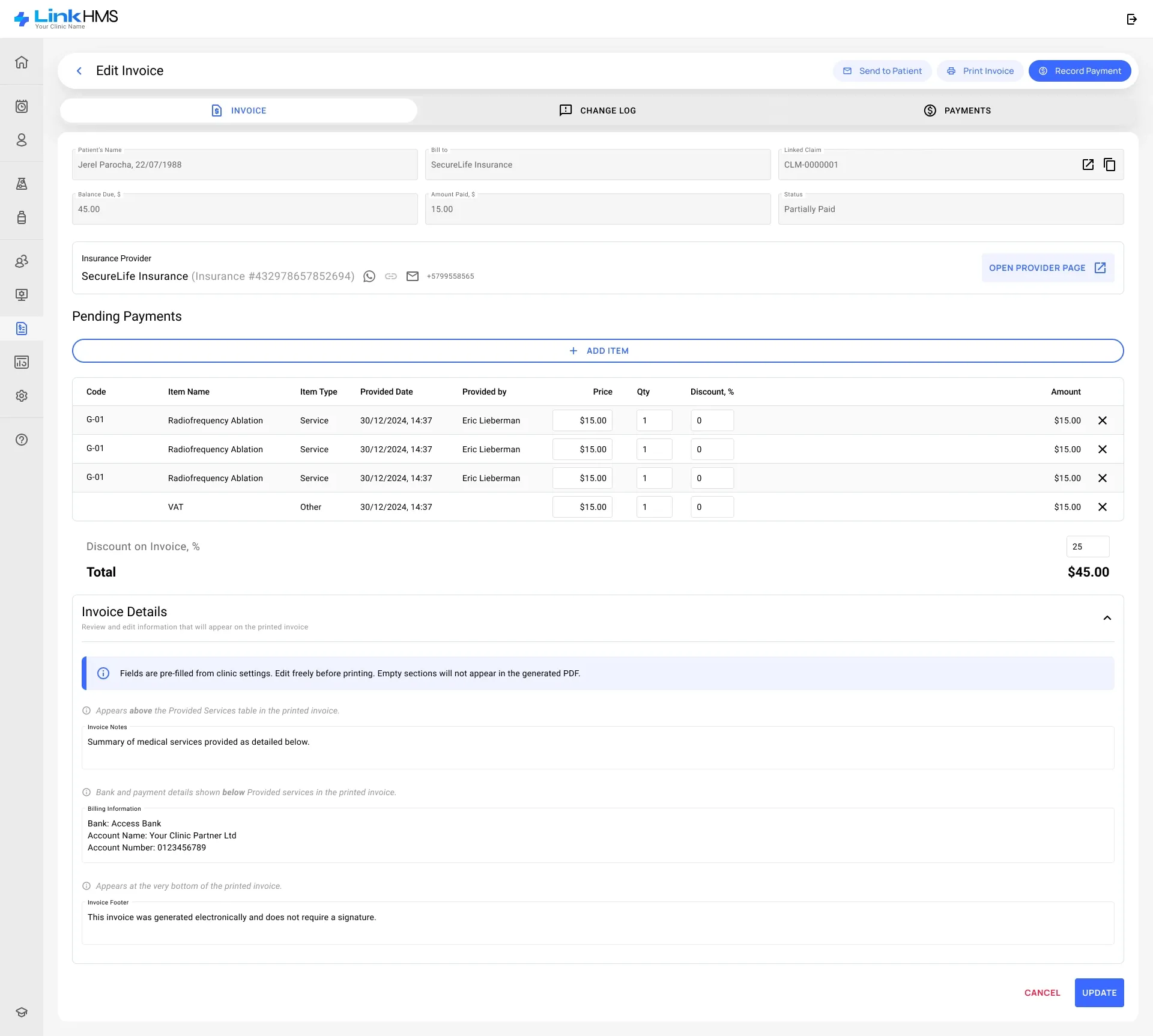 Invoice Edit Invoice: balance and payments, linked claim, insurance provider, invoice items, discount and the details printed on the invoice
