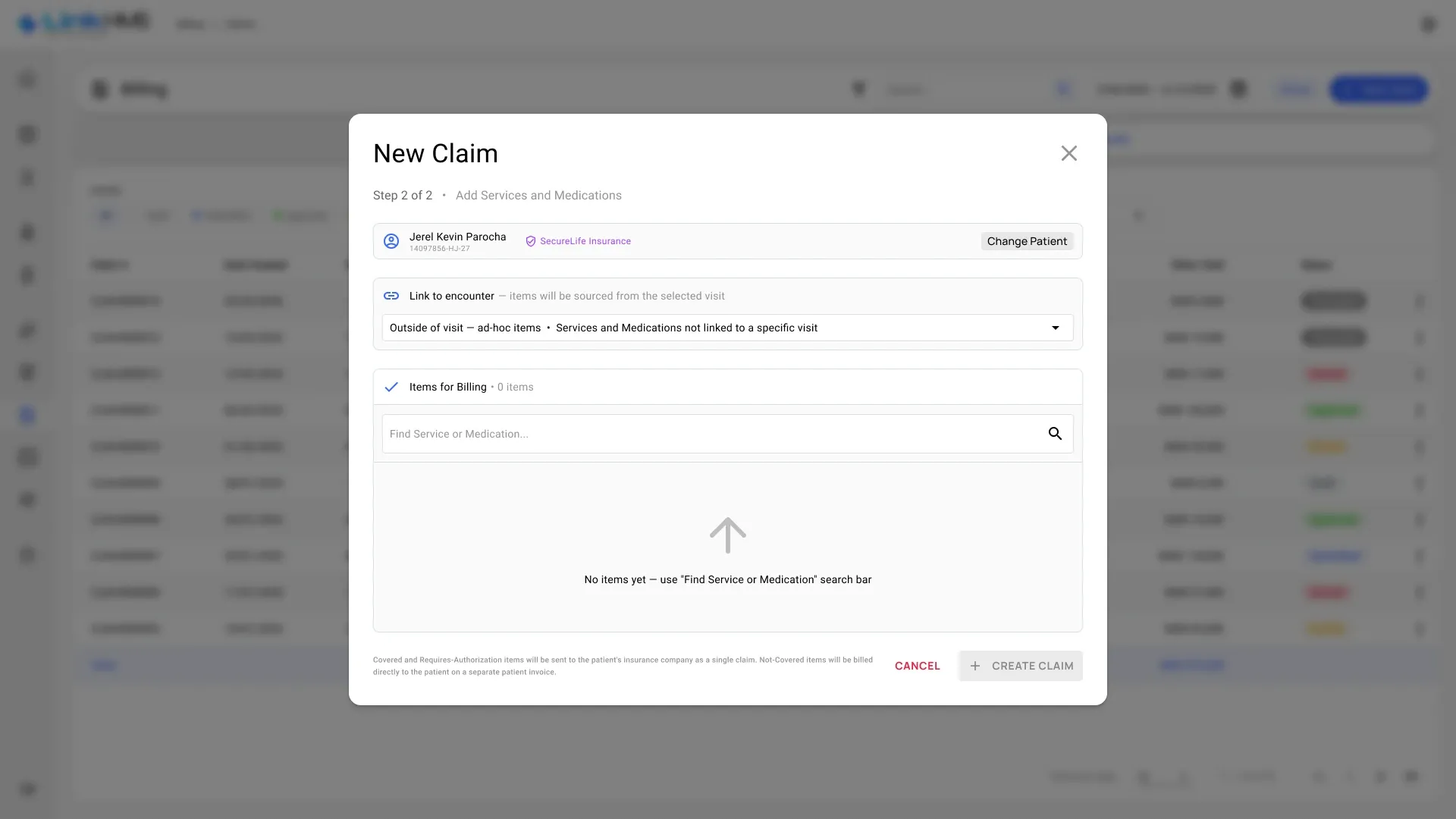 New claim New Claim, step two: linking the claim to a visit and adding services and medications, with a note on how covered and not covered items are billed