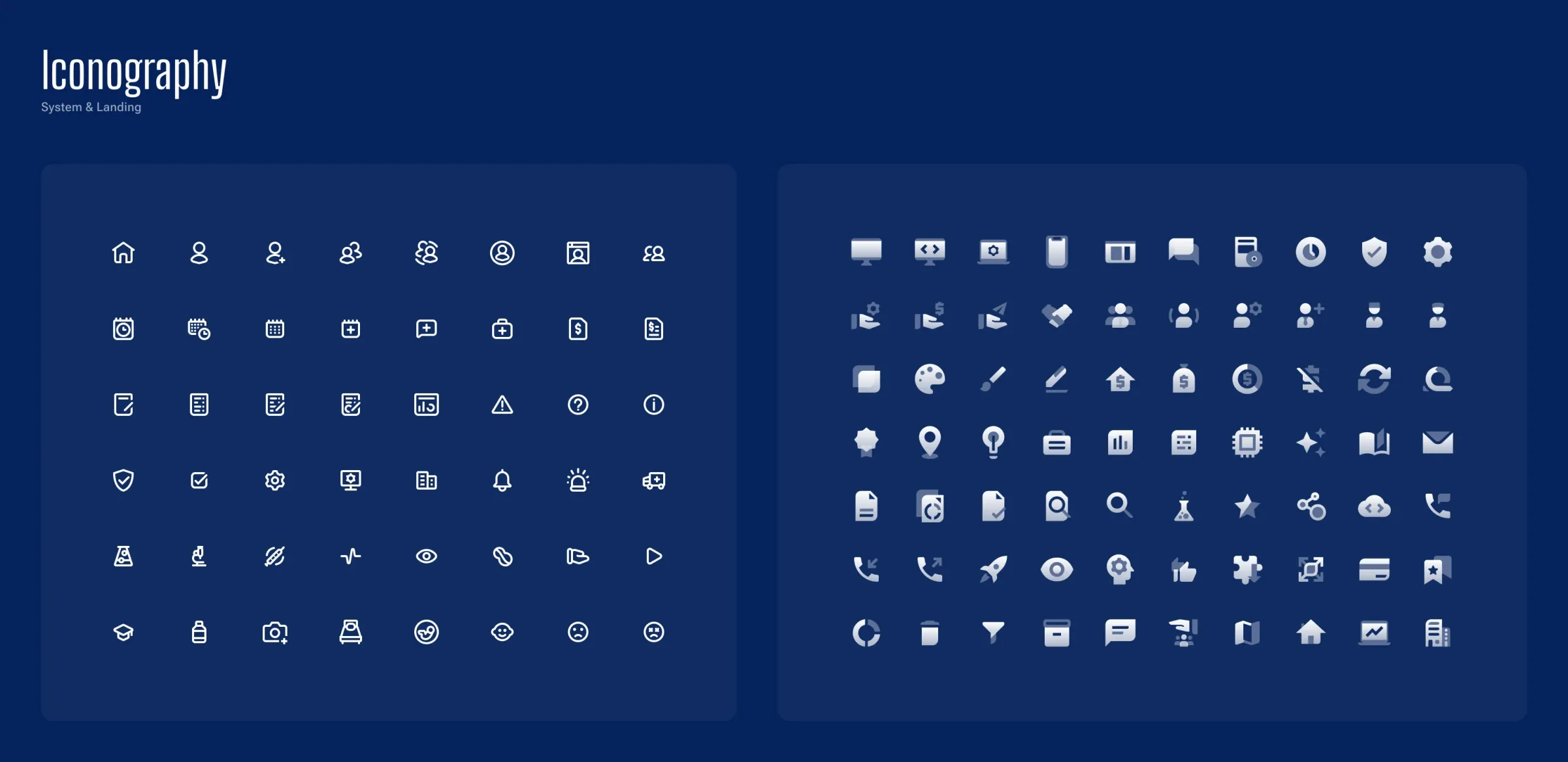Icon sets: an outline set for the product on the left and a duotone set with a soft gradient for the landing page on the right