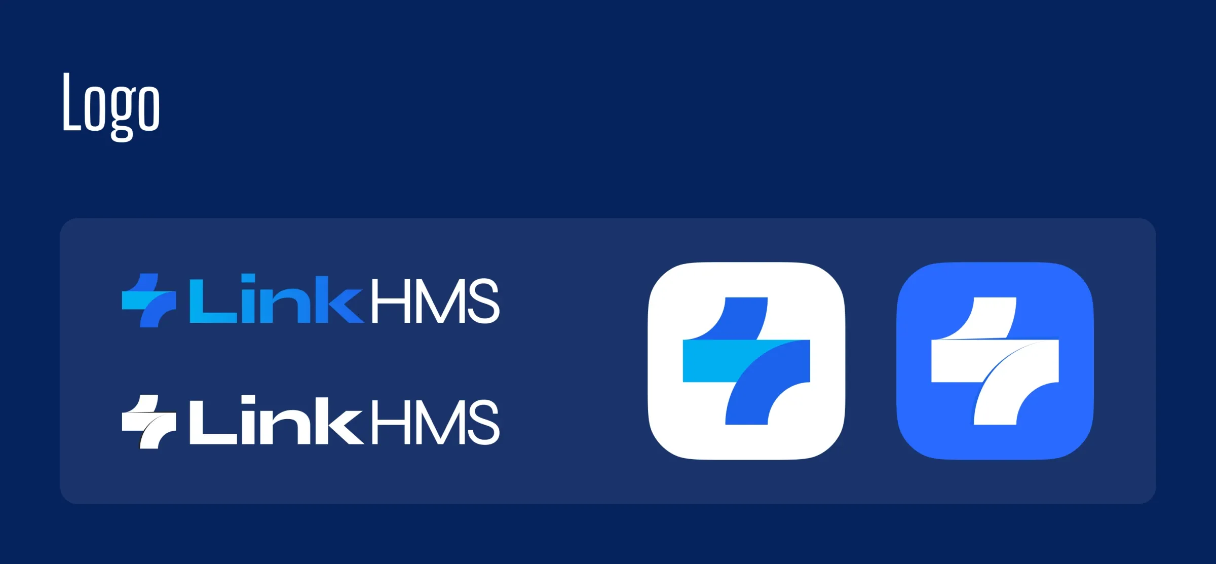LinkHMS logo in colour and white, and the app icon on white and blue
