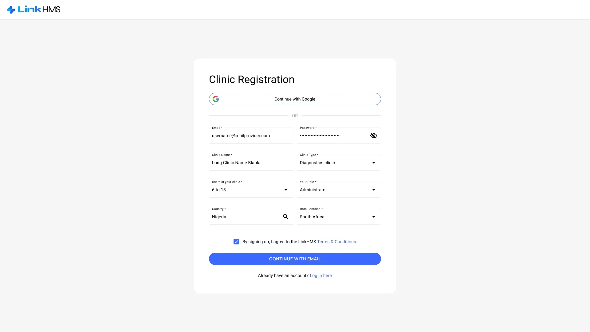 Clinic registration Clinic registration form with Google sign-in, clinic details and terms