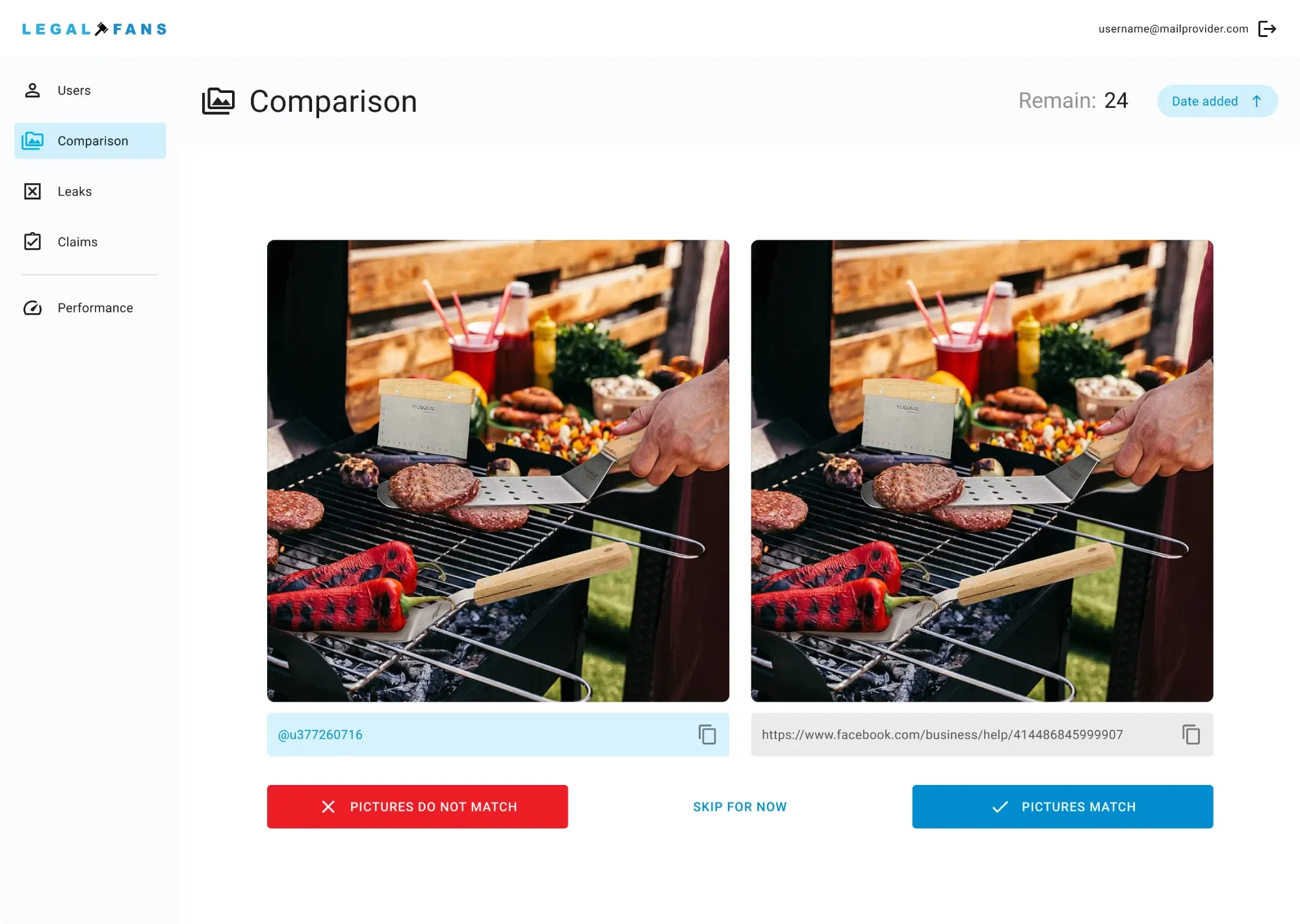Both images side by side Comparison screen with the original and the suspected copy side by side, and the Pictures match or do not match buttons