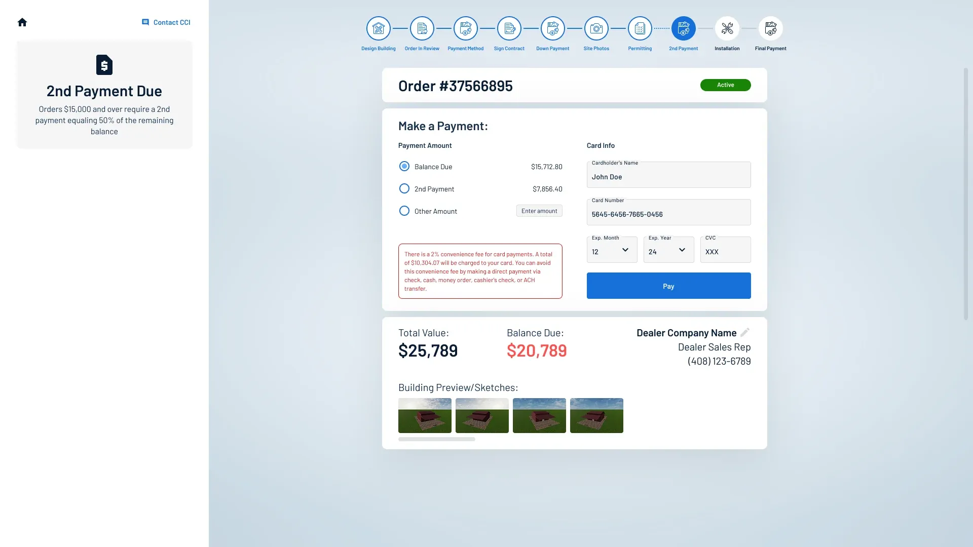 Customer portal on the second payment step: payment amount options, card form, a note about the convenience fee, order totals and building previews