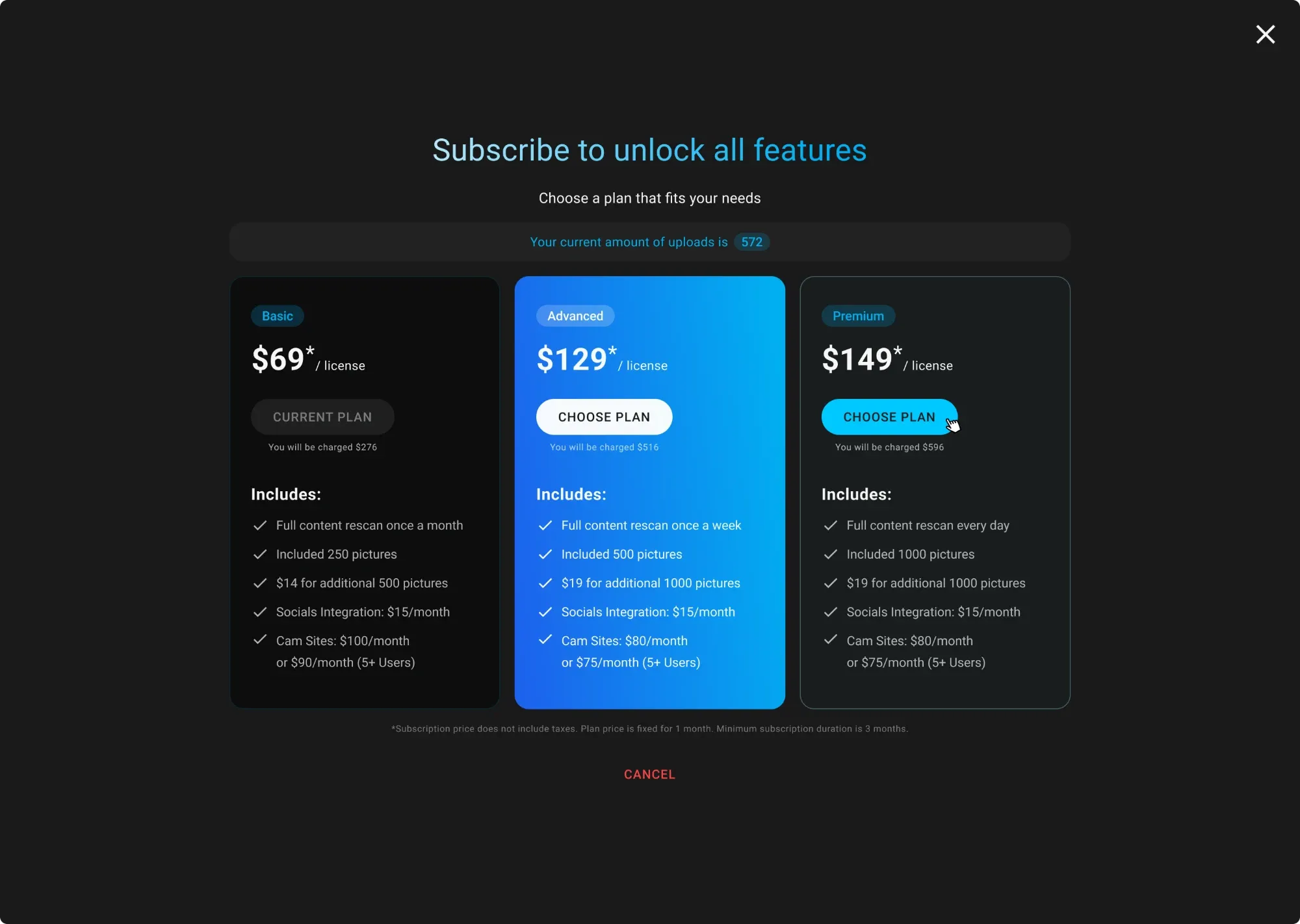 Subscription plans Subscription plans modal with Basic, Advanced and Premium