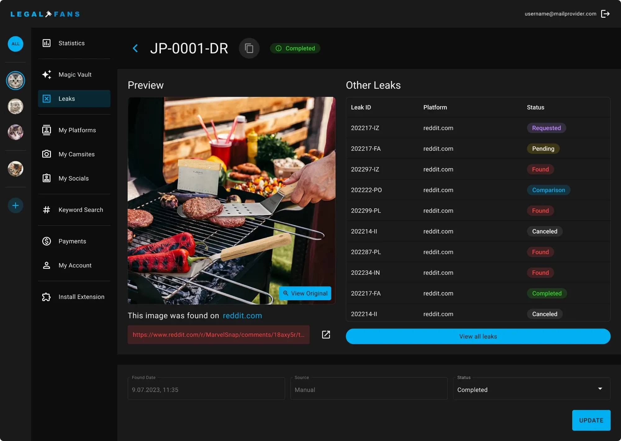 Leak details A single leak with a preview and other copies of the same content