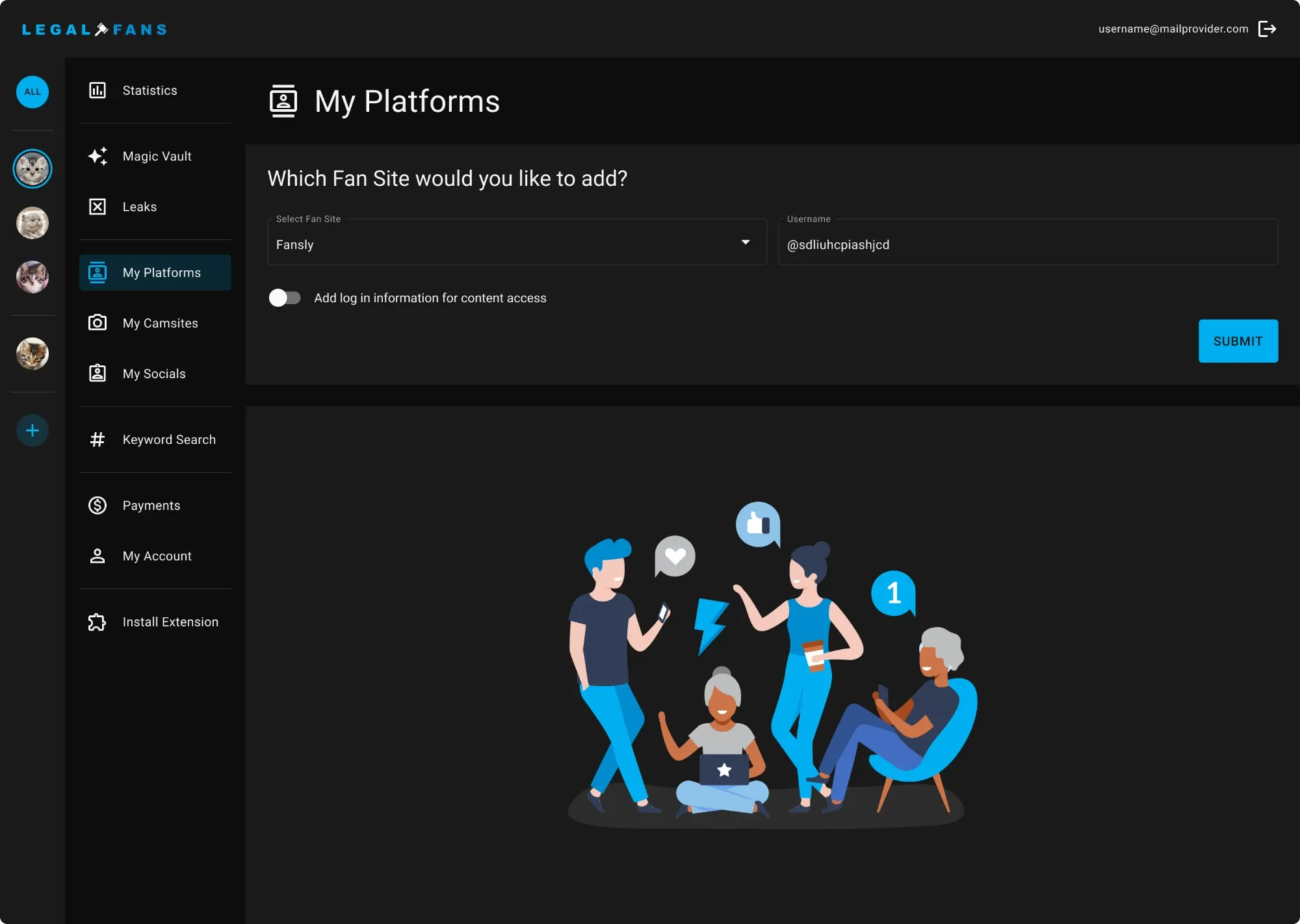 Add a platform My Platforms, adding a cam site or social