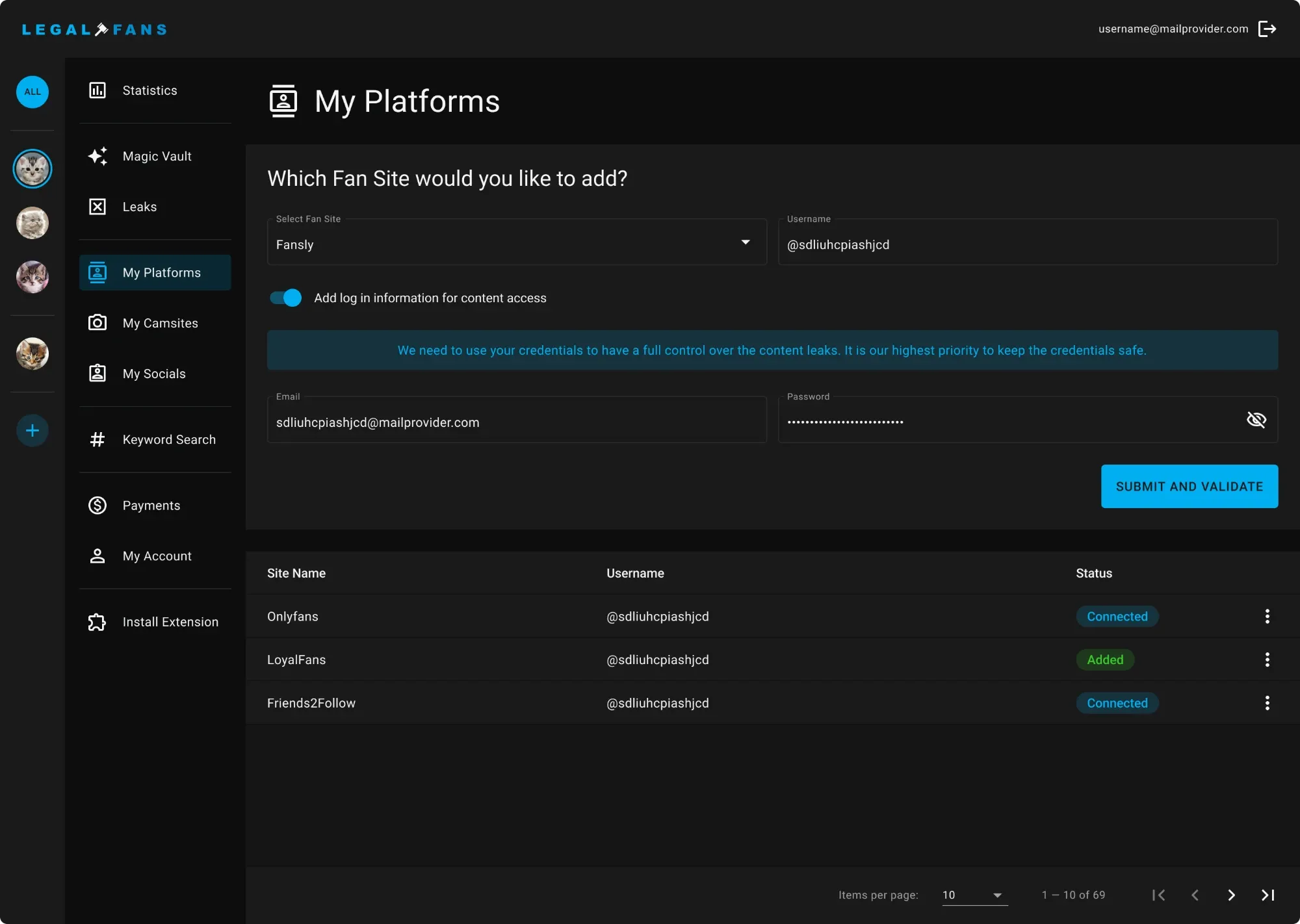 Connected platforms My Platforms with credentials entered and the list of connected platforms