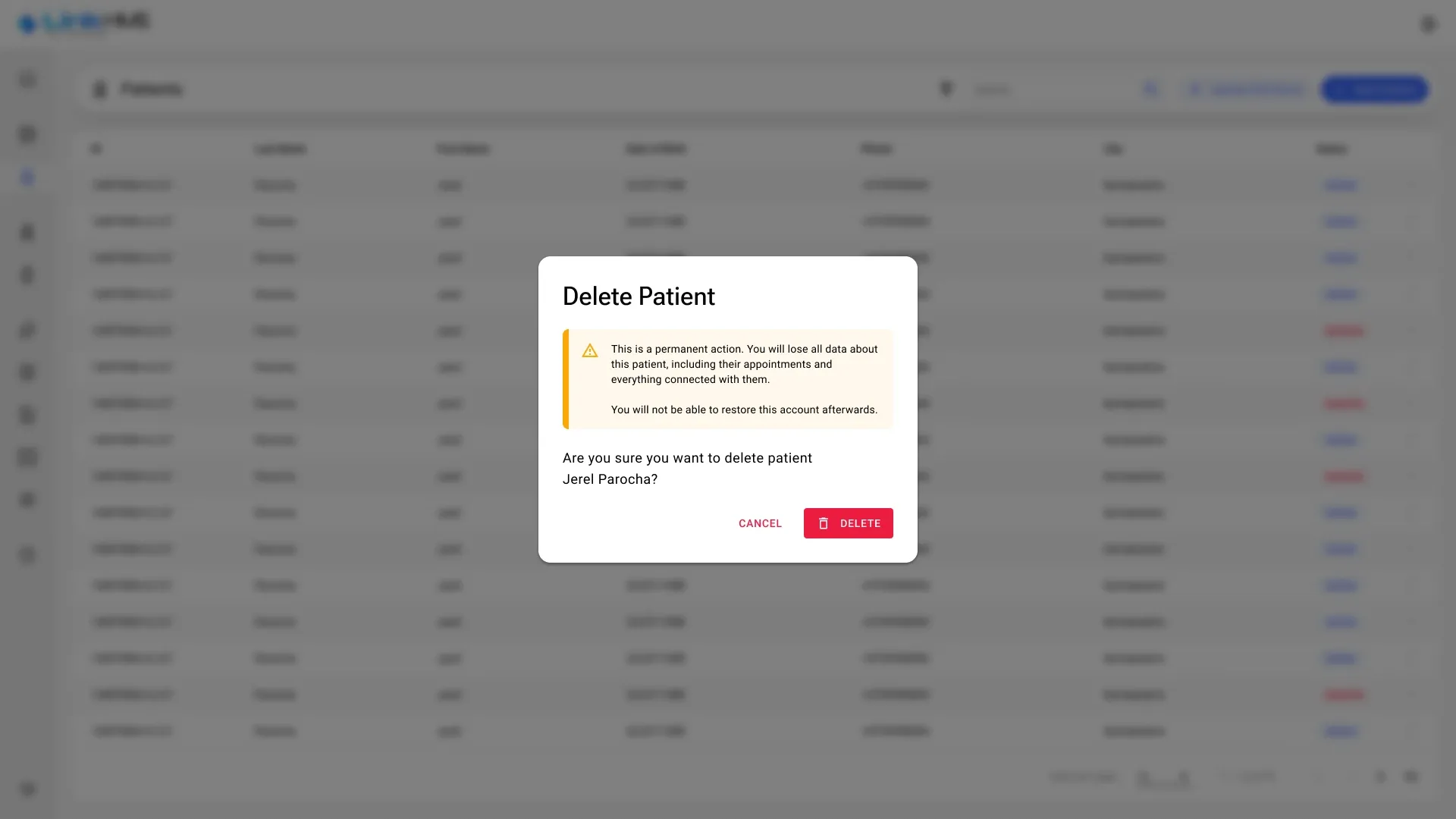 Delete patient Delete Patient dialog warning that the action is permanent and asking for confirmation