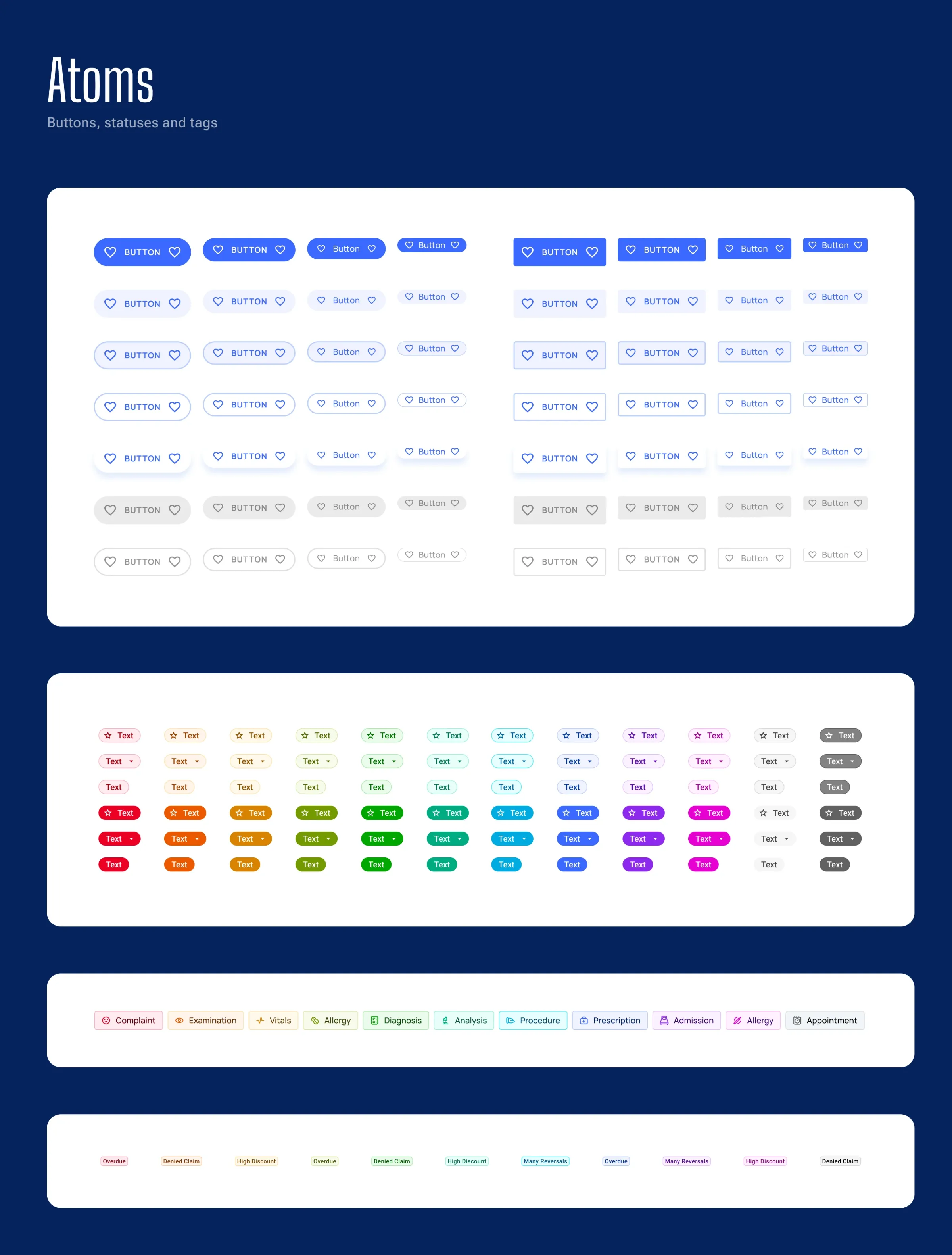 Atoms: buttons, tags, record type chips and small status labels