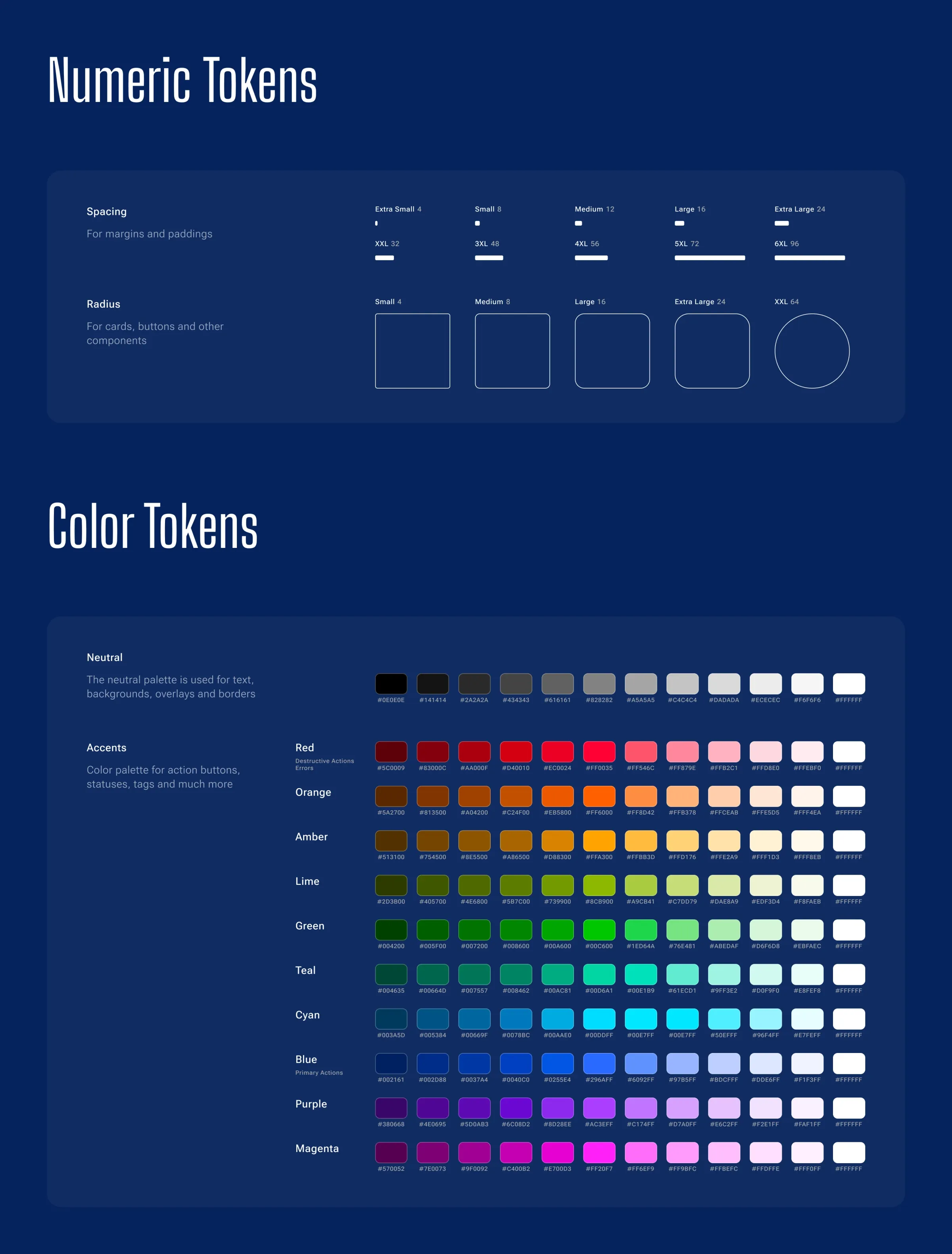 Numeric tokens for spacing and corner radius, and colour tokens: neutrals and ten accent hues in twelve steps
