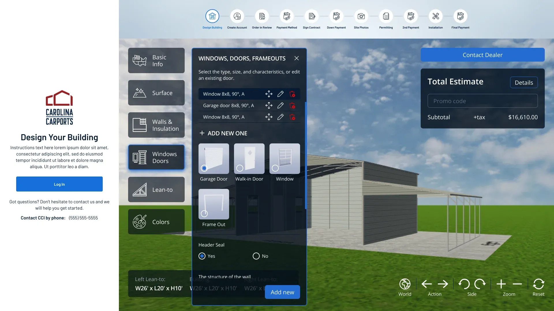 Carport design tool: a 3D building with the windows, doors and frame-outs panel open, a stepper of order stages and a live total estimate