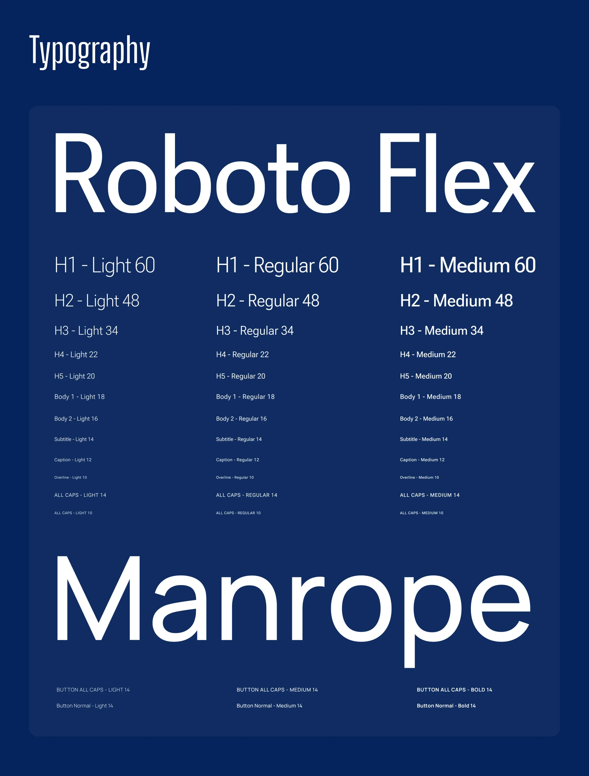 Typography: Roboto Flex for the interface and Manrope for buttons, with the full size scale