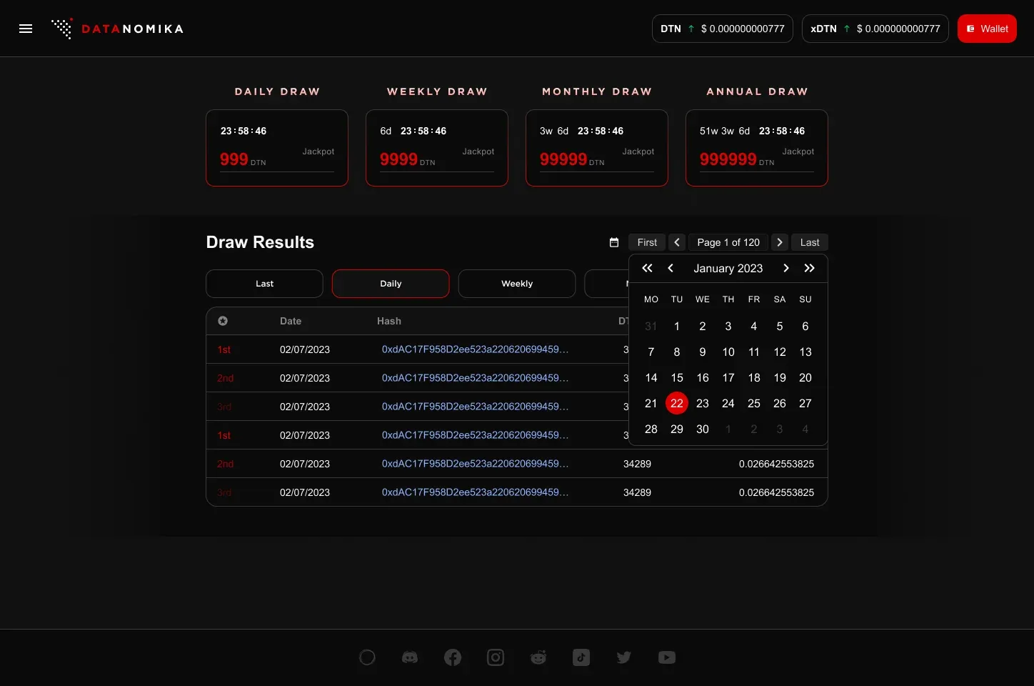Draw results Draw results: a table of winners with place, date, transaction hash and DTN quantity, filtered by draw type, with a date picker