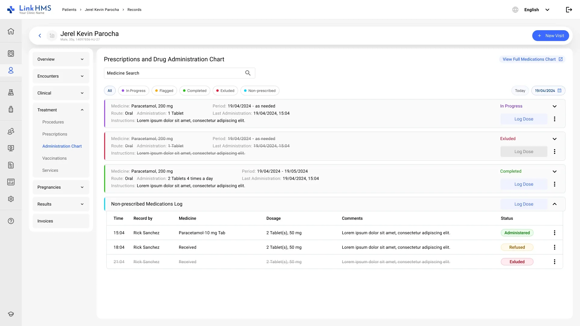 Drug administration Prescriptions and drug administration chart: medicines with route, dosage and status, a log of non-prescribed medications and Log Dose buttons