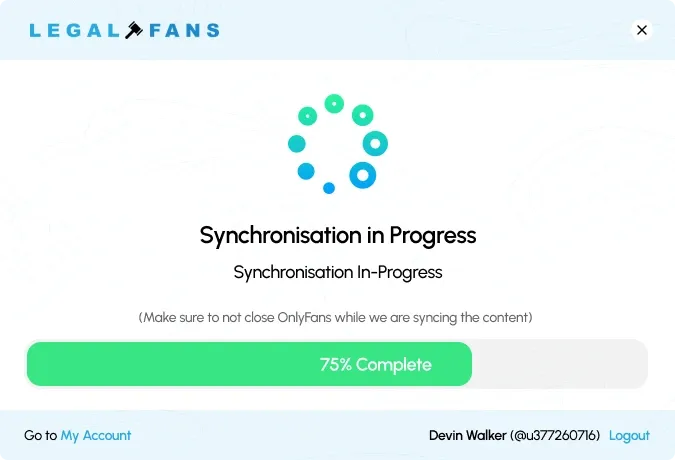 Synchronisation in progress Extension screen while synchronising, with a 75% progress bar and a reminder not to close OnlyFans