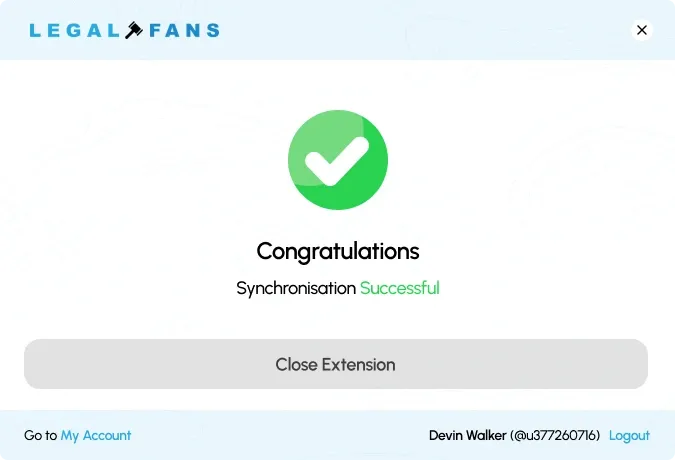Success Extension success screen: Synchronisation successful, with a Close Extension button