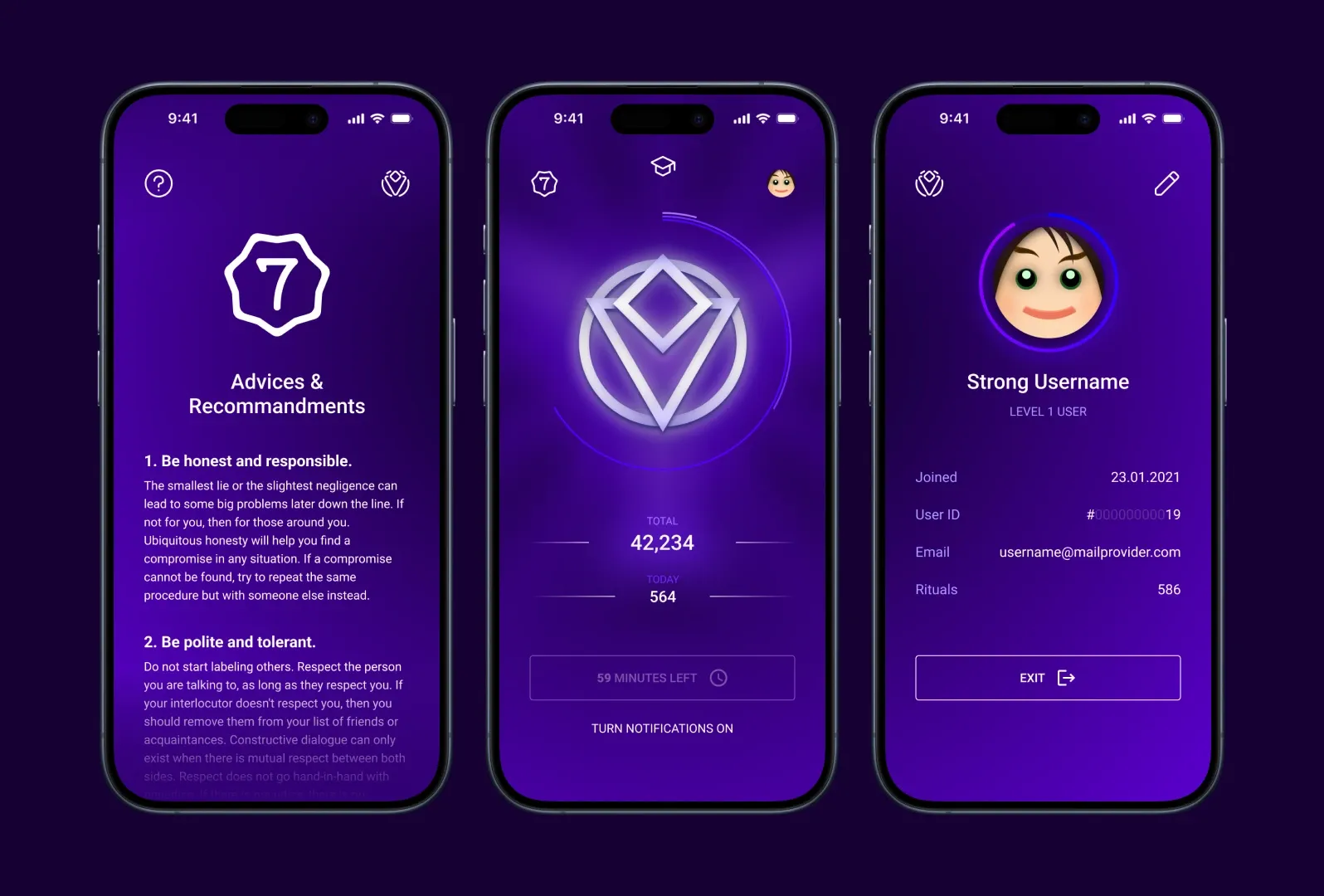Final design on three phones: advices and recommendations, the glowing church symbol with total and today ritual counters, and a profile with level, join date, user ID and an exit button