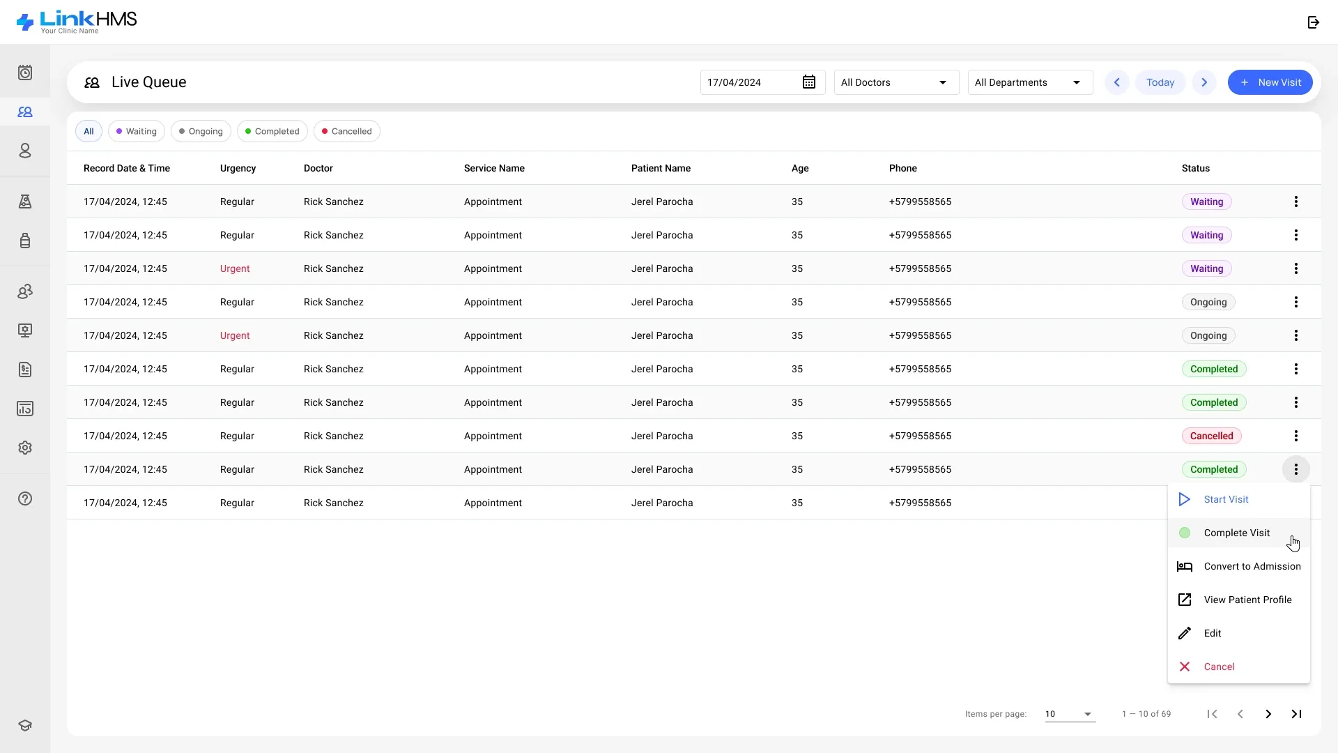 Live Queue Live Queue: today’s visits with urgency, doctor, service and status, and a row menu to start or complete a visit, convert it to an admission, edit or cancel it