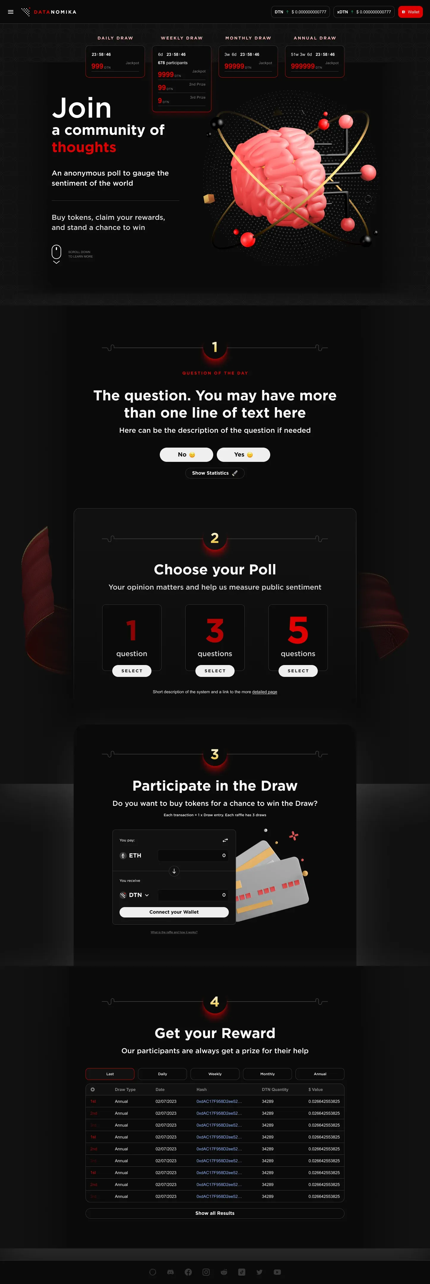 Main page: draw countdowns, the “Join a community of thoughts” hero with a 3D brain, then four steps — question of the day, choose your poll, participate in the draw and the rewards table