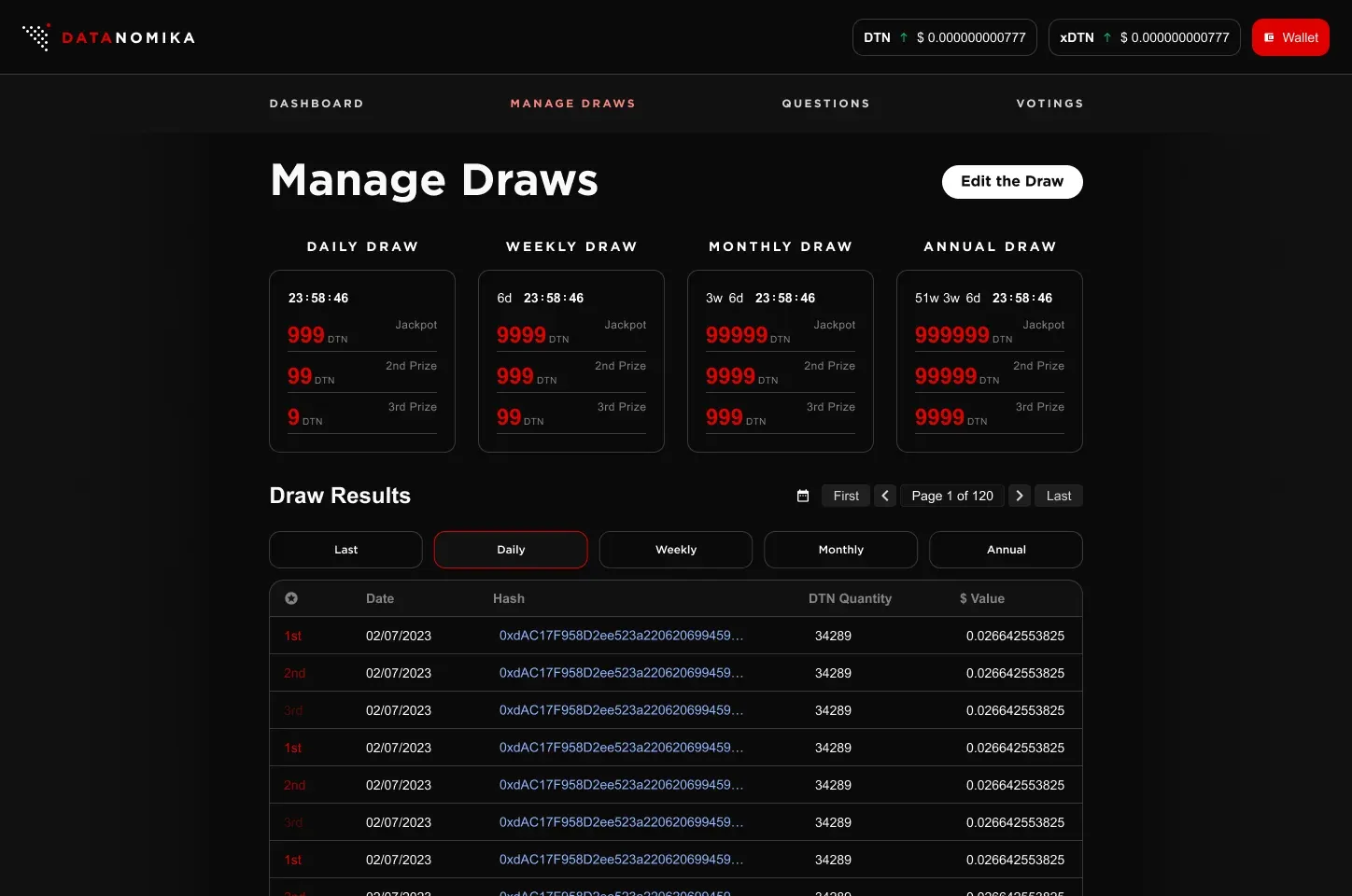 Draws Manage draws: the four draws with their jackpots and prizes, and a paged table of past results