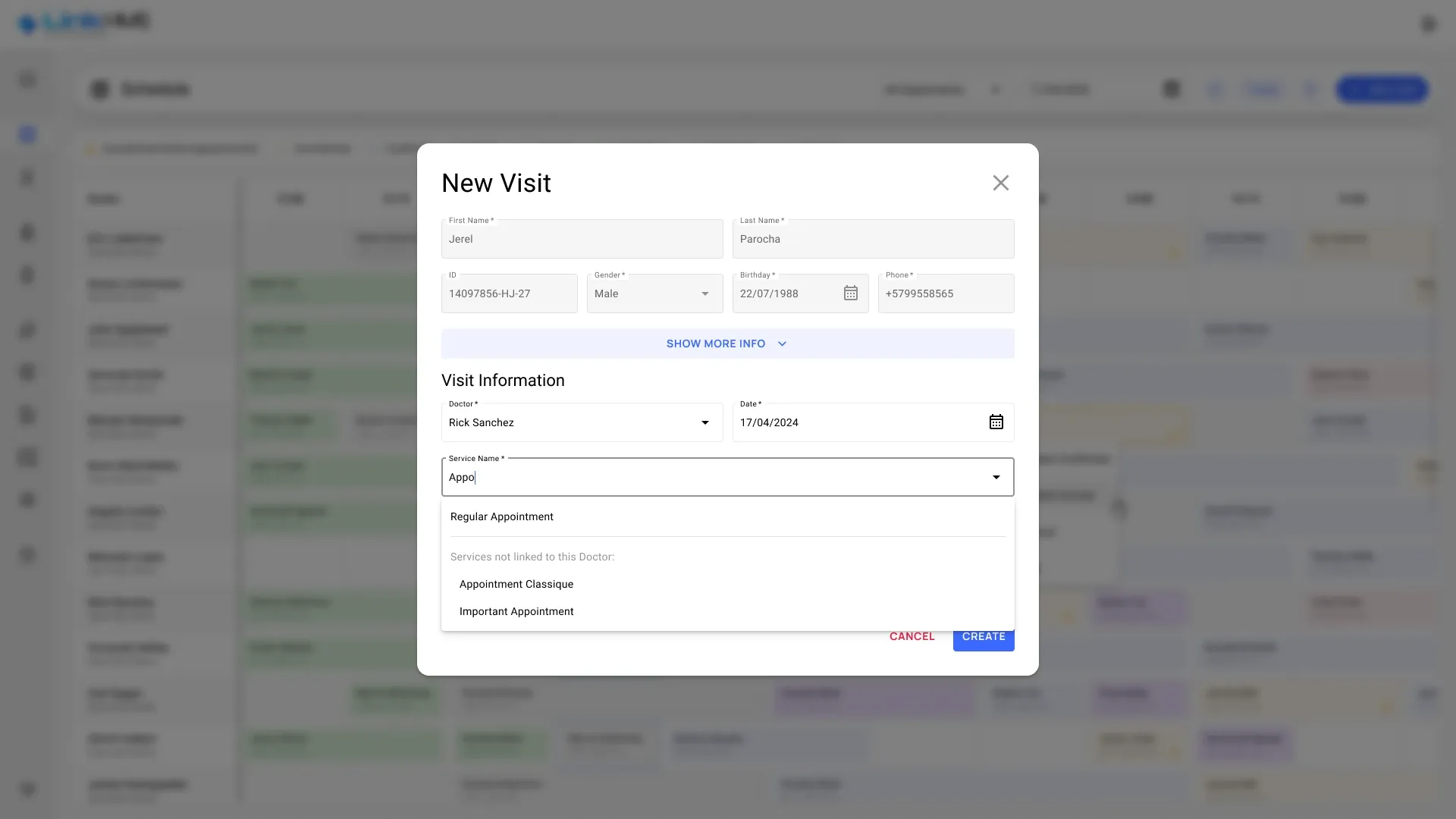 New visit New Visit dialog with patient details, doctor, date and a service search