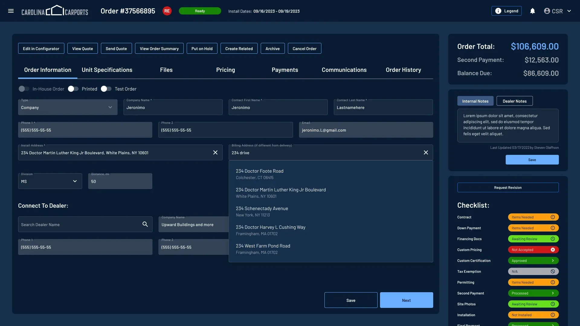 Order page: contact and install address form with address suggestions, order totals, internal notes and the approvals checklist