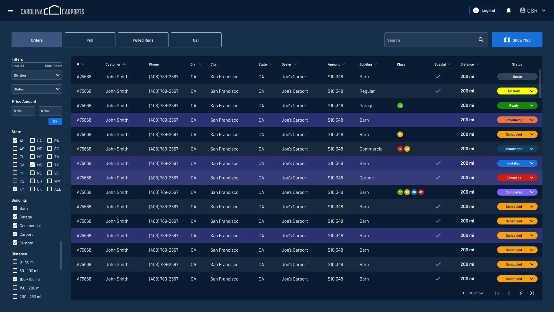 Orders Orders list with filters by state, building type and distance, and a colored status for every order