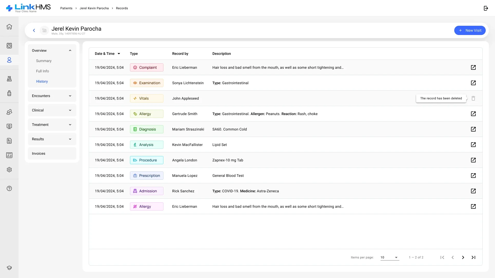 Records Patient records history with a category menu and colour-coded record types