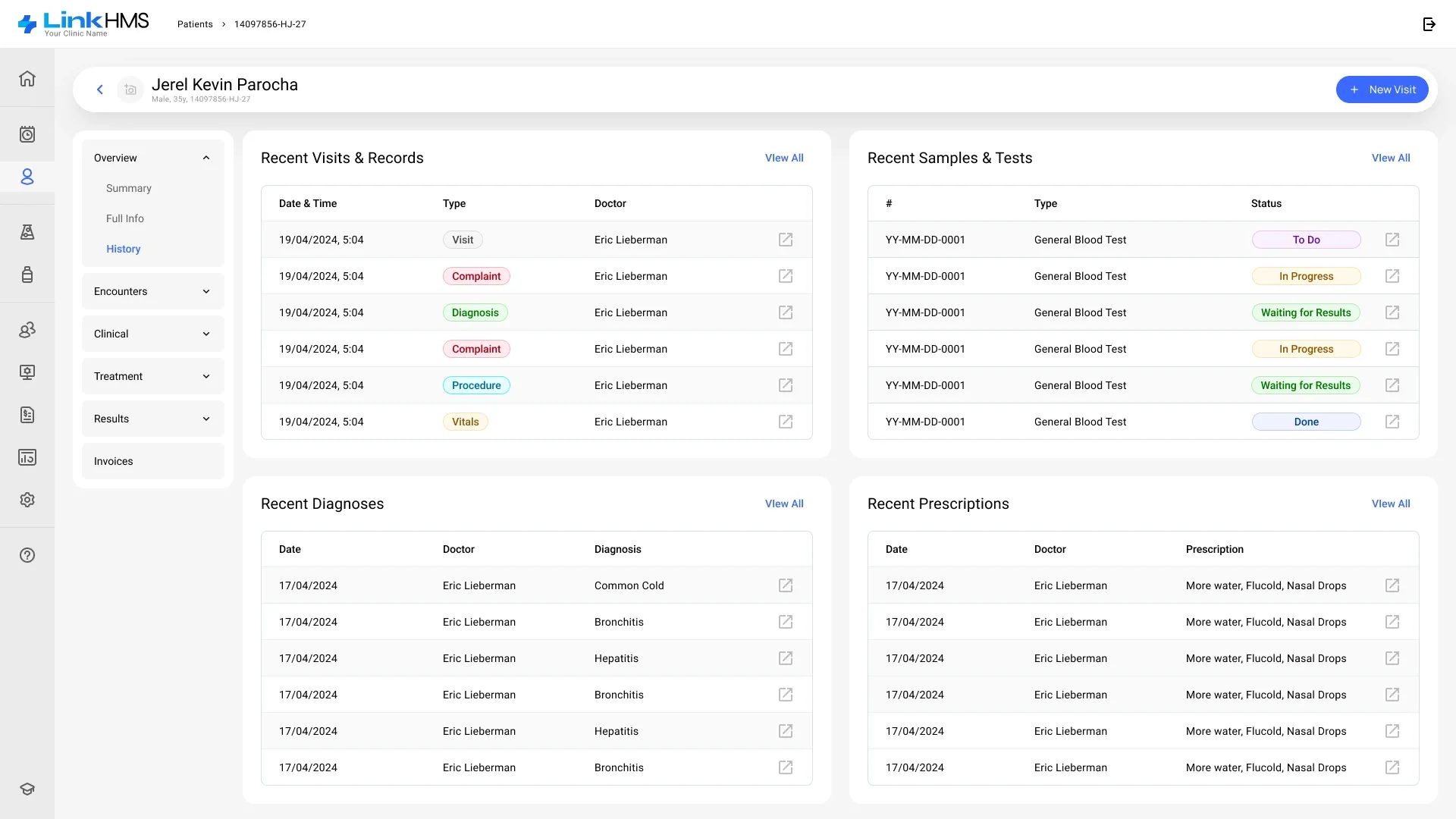 Summary Patient summary with recent visits, samples and tests, diagnoses and prescriptions