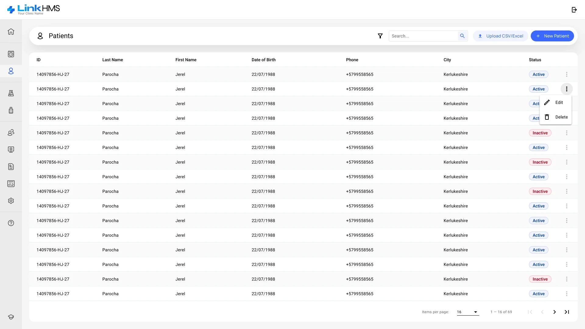 Patients list Patients list with search, filters, CSV upload and a row menu with Edit and Delete