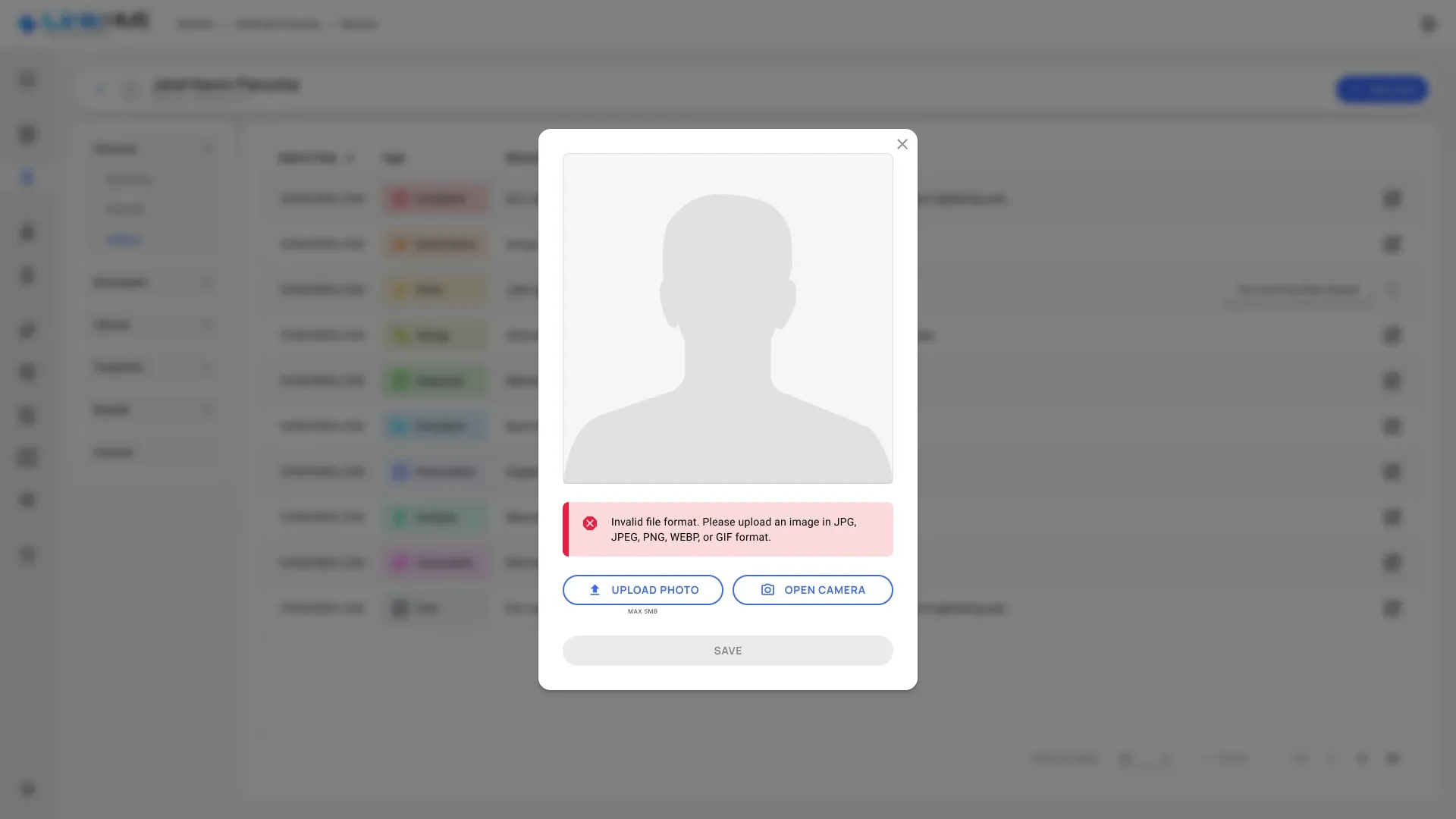 Wrong format Patient photo dialog with an invalid file format error listing the accepted formats