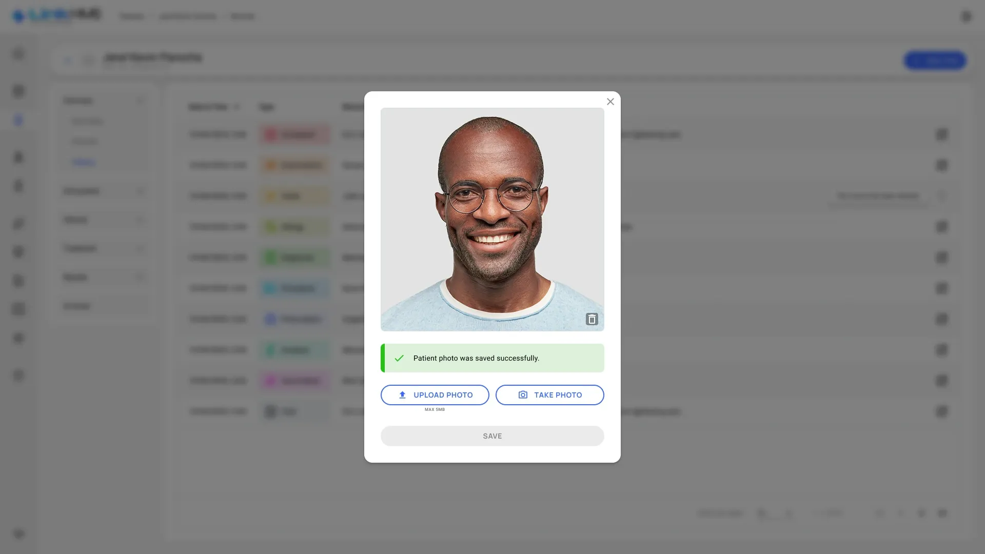 Saved Patient photo dialog after saving, with a success message