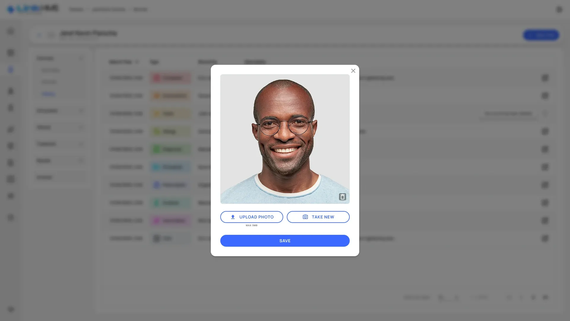Photo chosen Patient photo dialog with a chosen photo, a delete icon, Take New and an active Save button