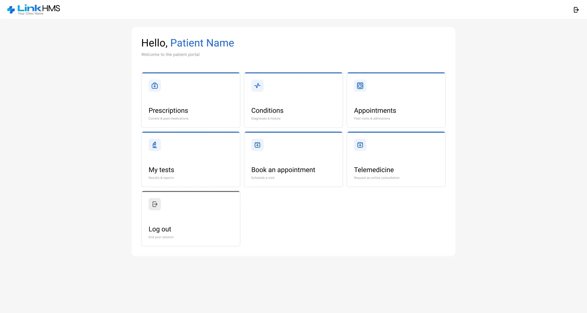 Home Patient portal home with cards for prescriptions, conditions, appointments, tests, booking, telemedicine and log out