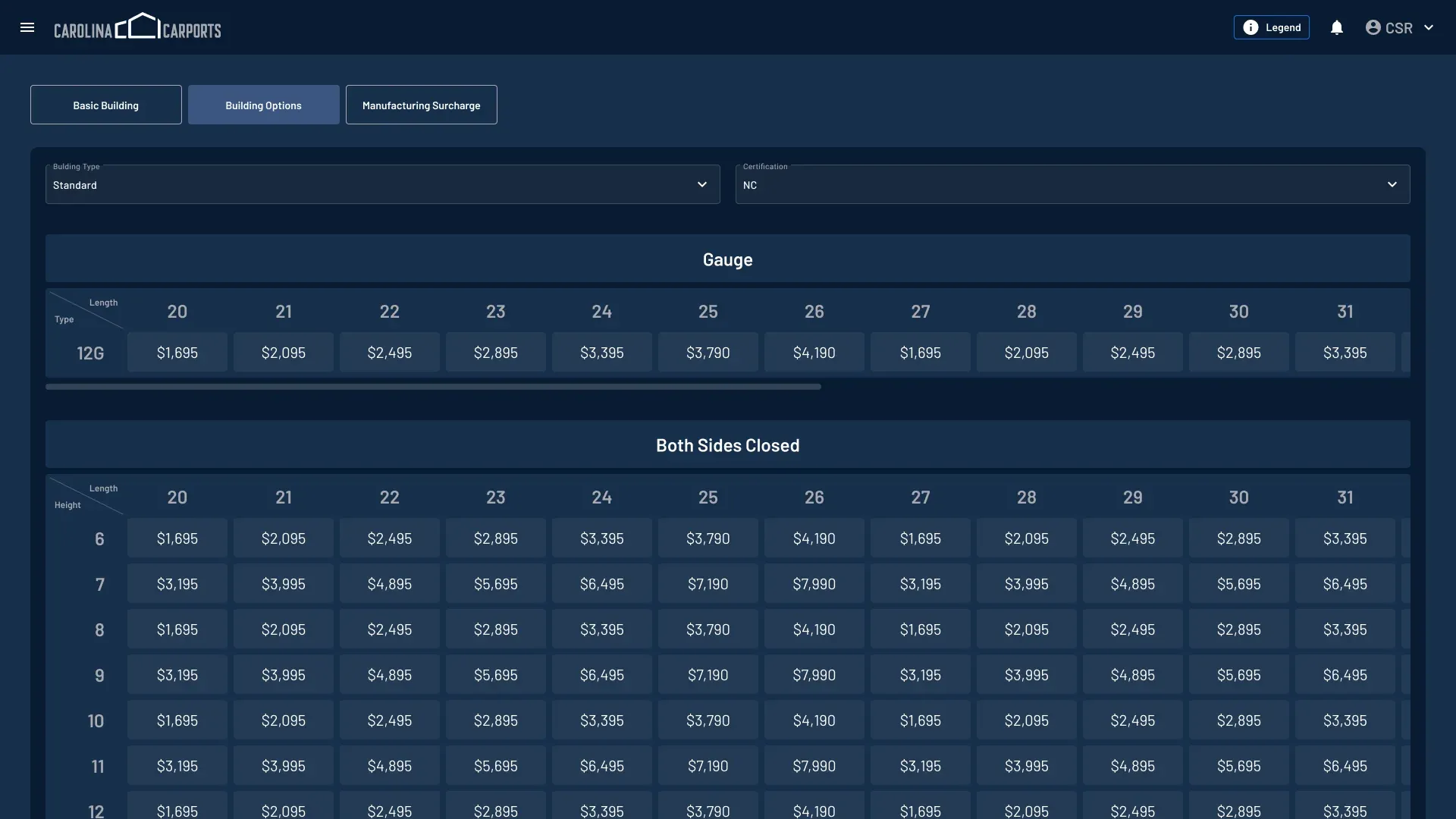 Pricing Pricing tables for building options by length and height