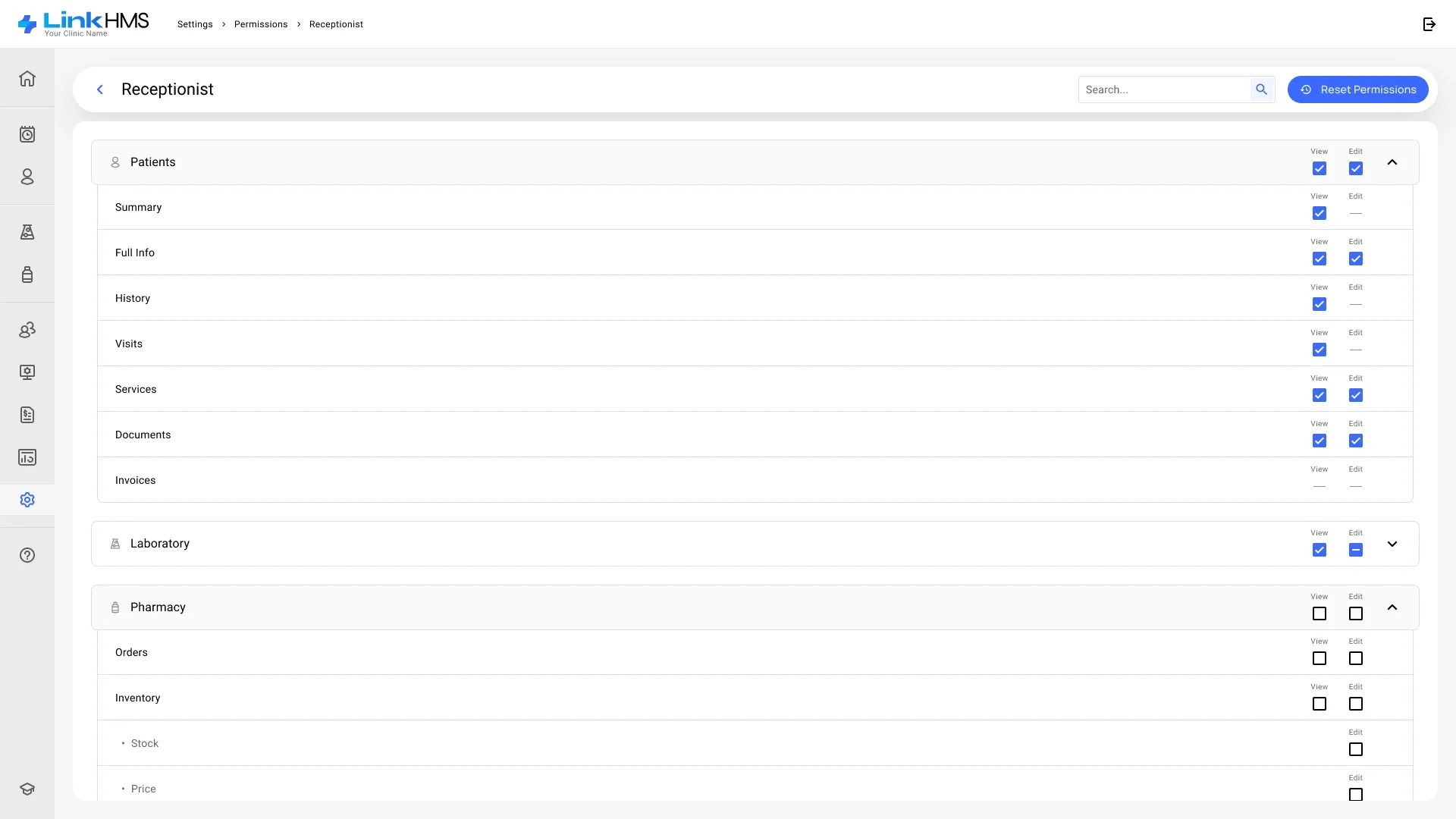 Receptionist Receptionist permissions: sections and sub-sections with separate view and edit checkboxes and a Reset Permissions button