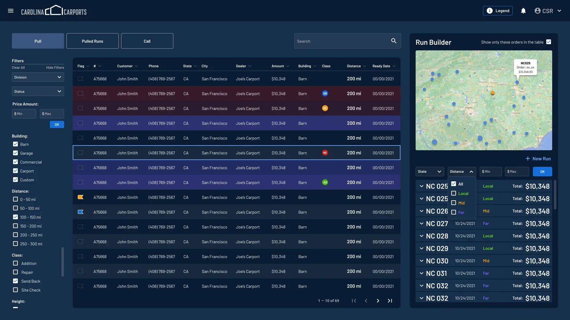 Run builder Run builder: a filterable table of orders next to a map of order locations and a list of runs with their totals