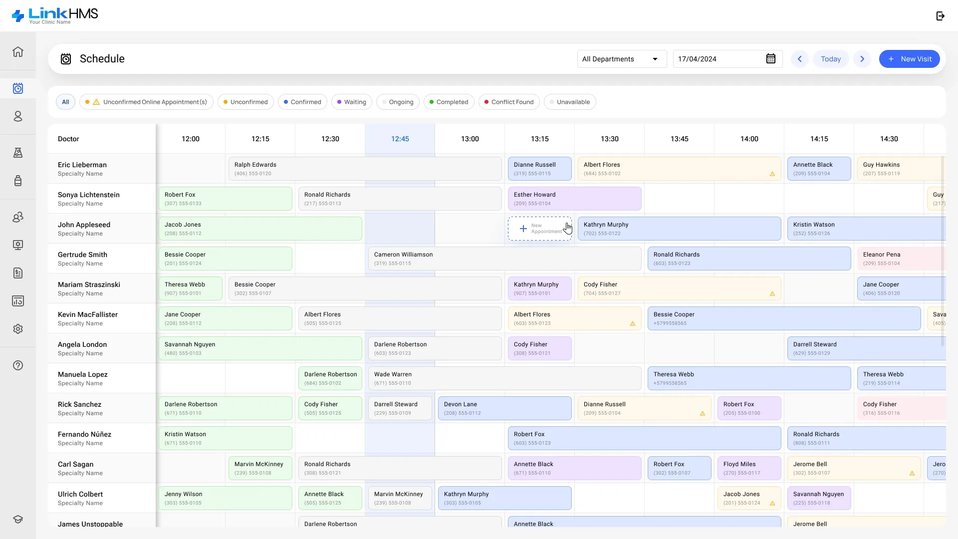 Schedule Doctors schedule grid with colour-coded appointment statuses and a new appointment slot