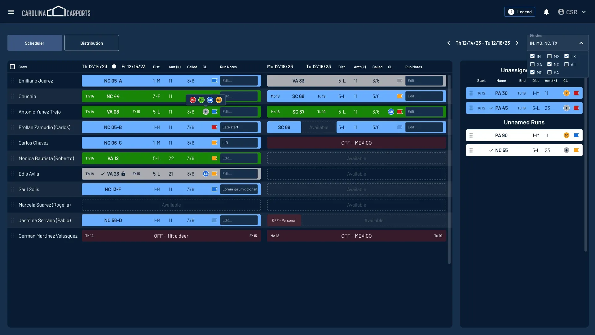 Scheduler Scheduler: crews in rows and days in columns, with runs, distances, amounts and notes, unassigned orders on the right