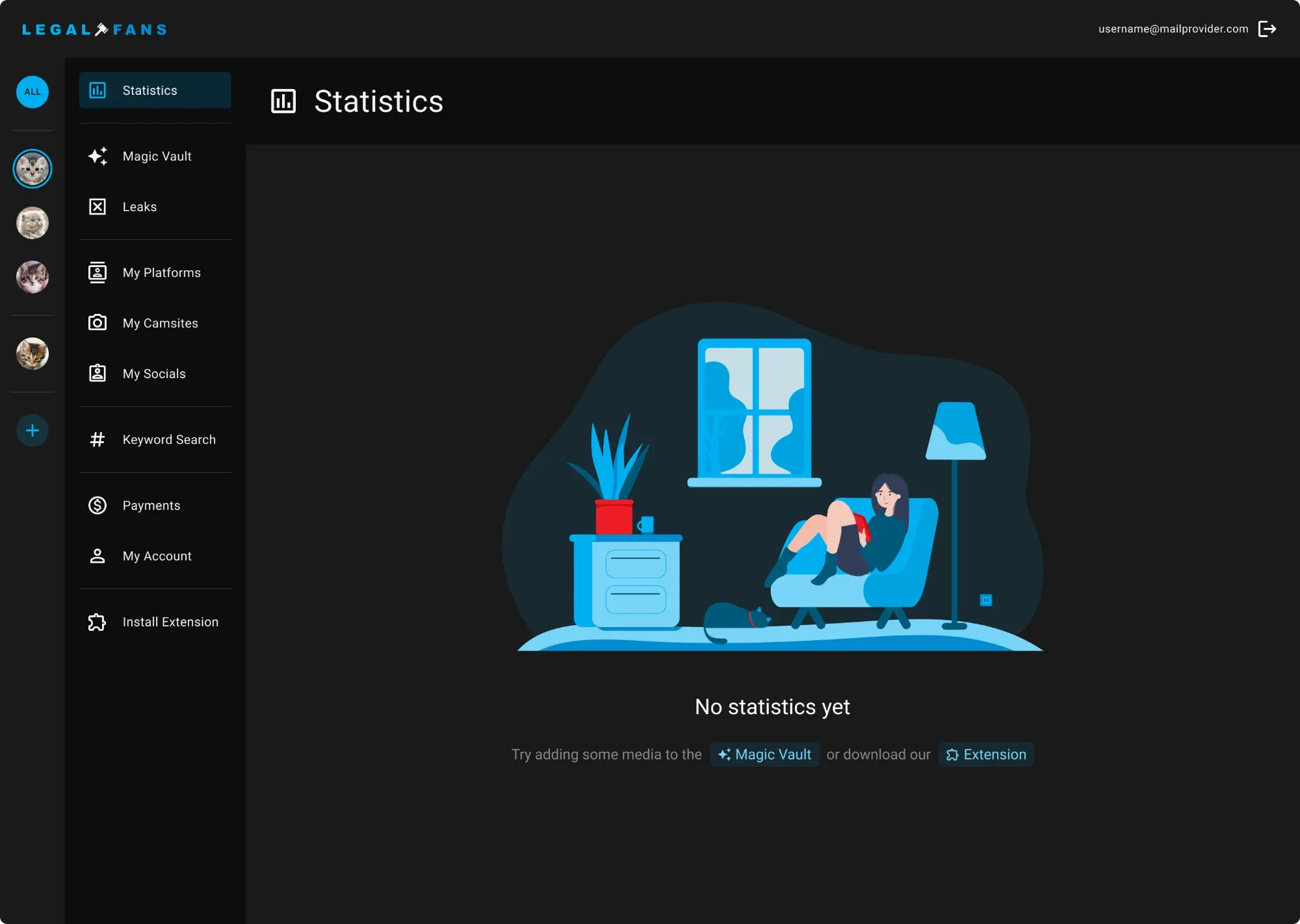 Empty state Statistics dashboard in its empty state: an illustration and a prompt to add media to the Magic Vault or install the extension