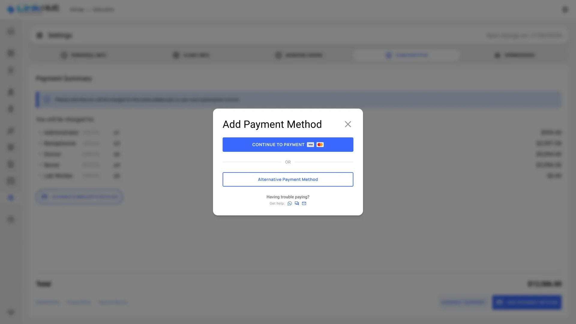 Payment method Add Payment Method dialog over the payment summary: continue to payment with a card or choose an alternative payment method, with ways to get help