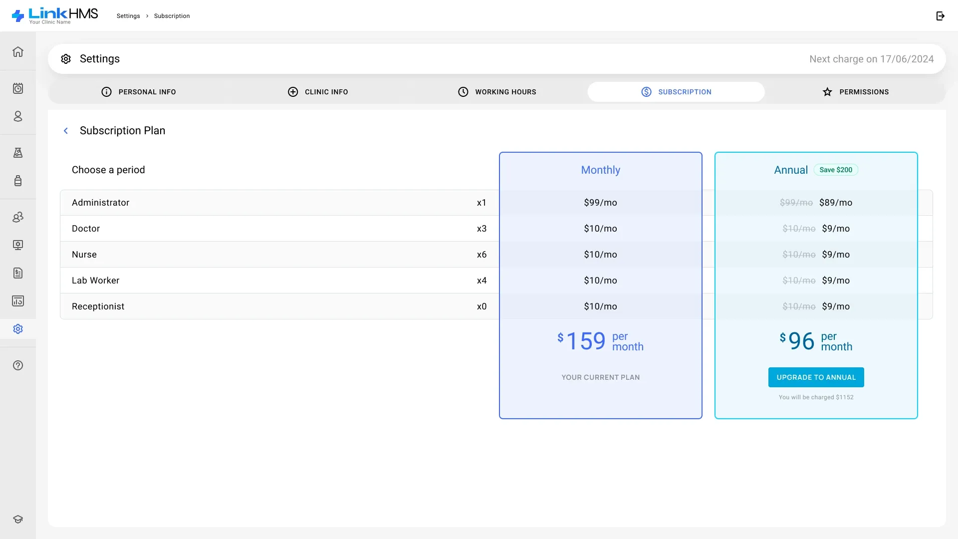 Monthly or annual Subscription plan: seats per role priced monthly and annually side by side, with the current plan marked and an upgrade to annual billing