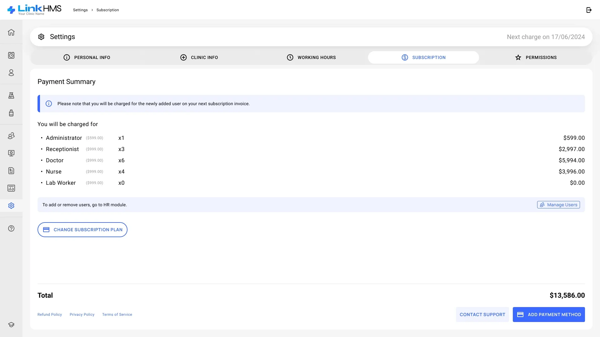 Payment summary Subscription payment summary: seats per role with totals, a notice that new users are charged on the next invoice and a link to manage users in HR