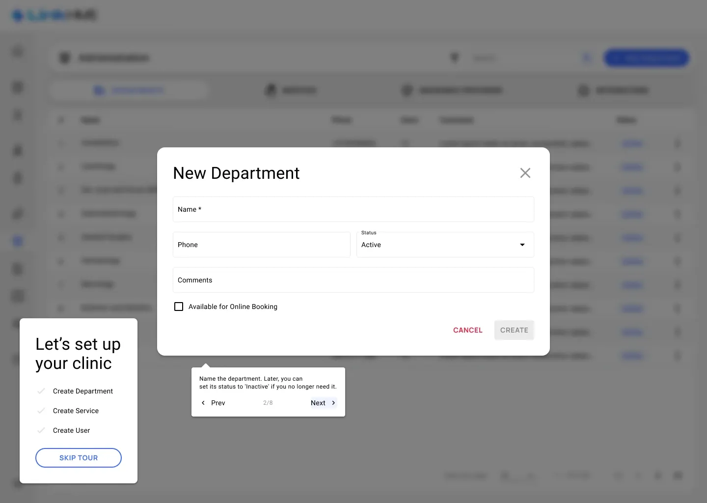 Department form New Department form with a tooltip about naming the department and setting its status