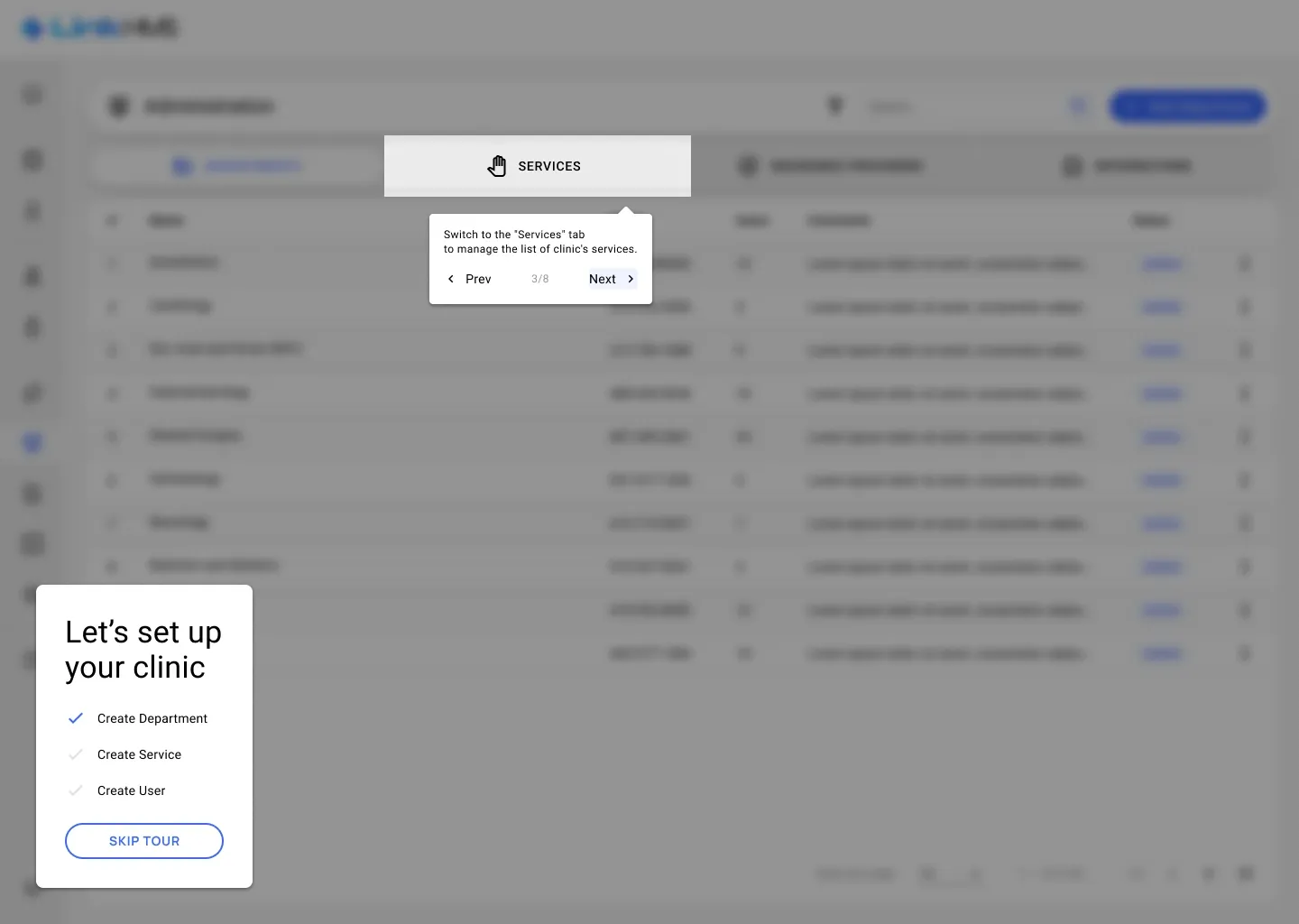 Services tab The checklist now has Create Department ticked, and a tooltip points at the Services tab